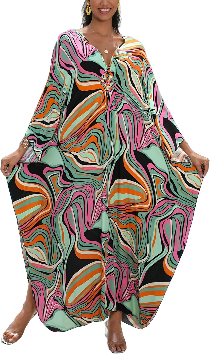 Women's Plus Size Kaftan Dress – Plus Size Maxi Dress Moo Moos Beach Cover Up,Bathing Suit Cover-Up Loungewear