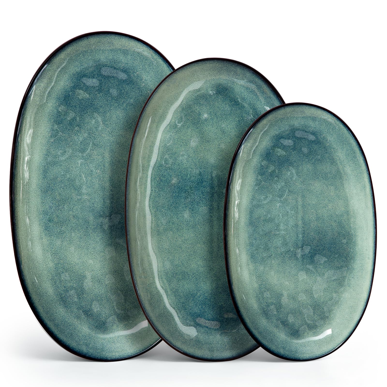vancasso Servierplatte, Servierplatten 3er set, Ovalen Servierteller, Steingut Dessertteller, Frühstücksteller, Kuchenteller, 3 Größen Essteller, Grün