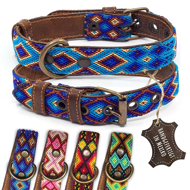 ALTEZAR Collar para Perro de Piel de Vacuno marrón Tribal Azul/marrón/Beige Bordado continuamente