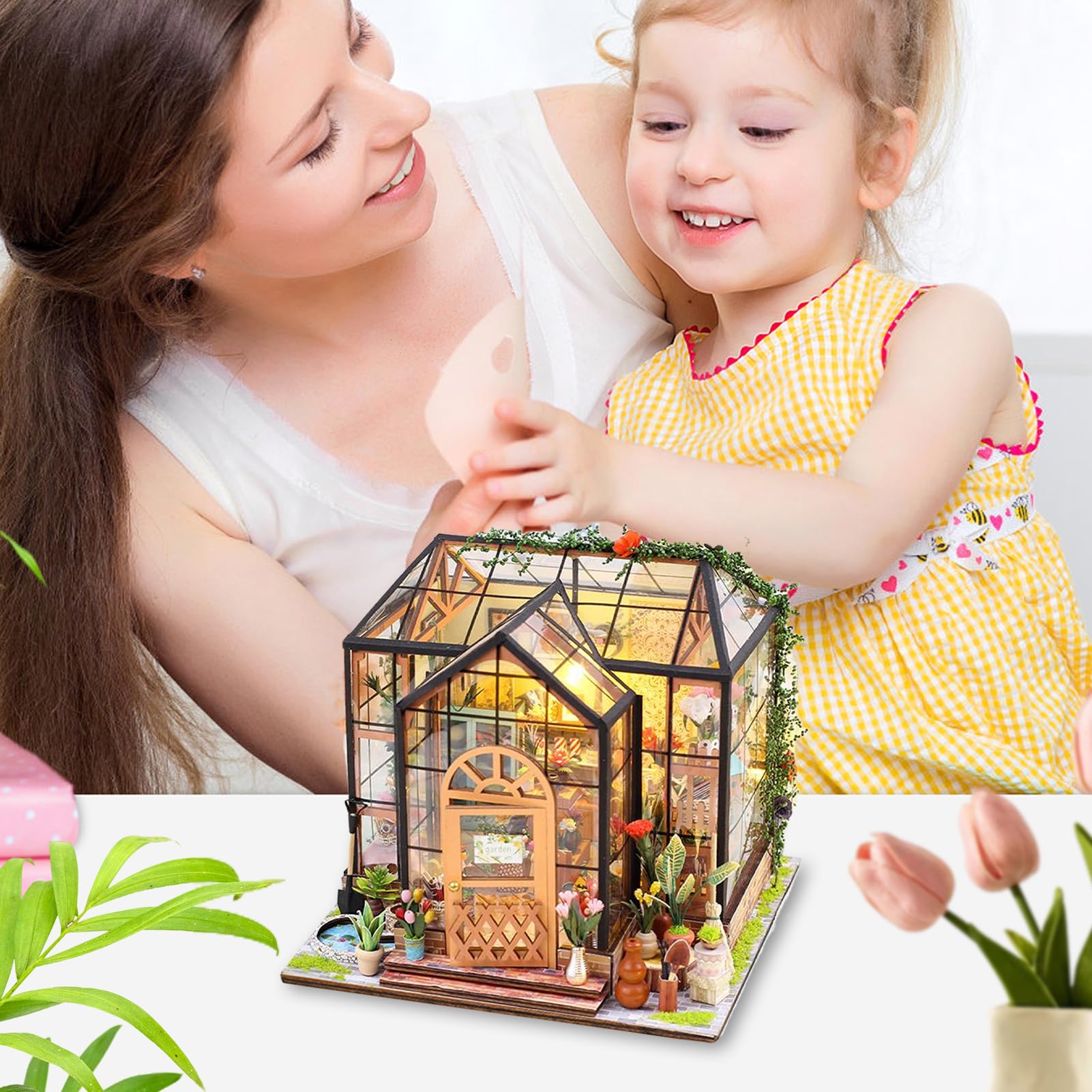 Kit Casa Miniatura Artigianale 3D Serra in Legno Puzzle DIY | Casa Mobili e Colla per Attrezzi Progetti Fai-da-te Creativi per Arredo di Mini Casa per Natale e Compleanno