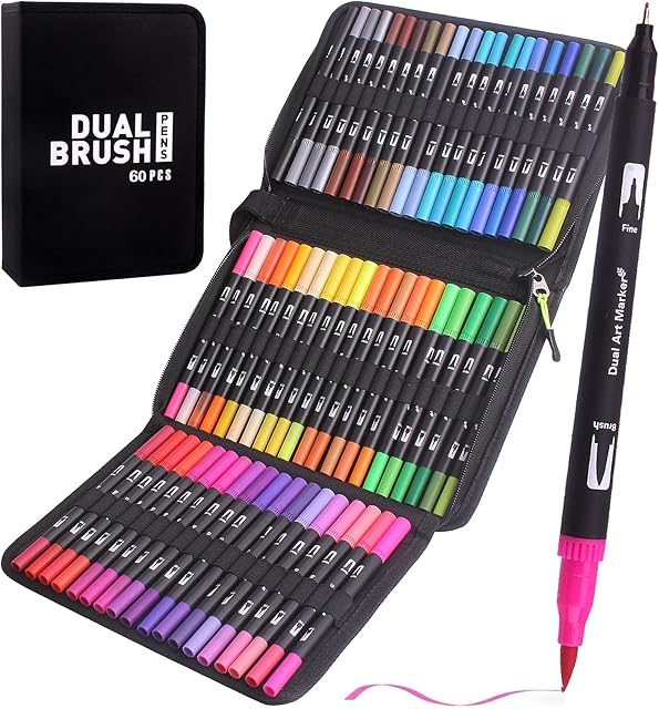 Lyuvie Colouring Pens, 60 Dual Brush Markers with Fineliner & Brush Tip Pens,Felt Tip Pens for Adults Kids,Brush Pens with Case for Drawing,Colouring,Sketching,Easter,Christmas