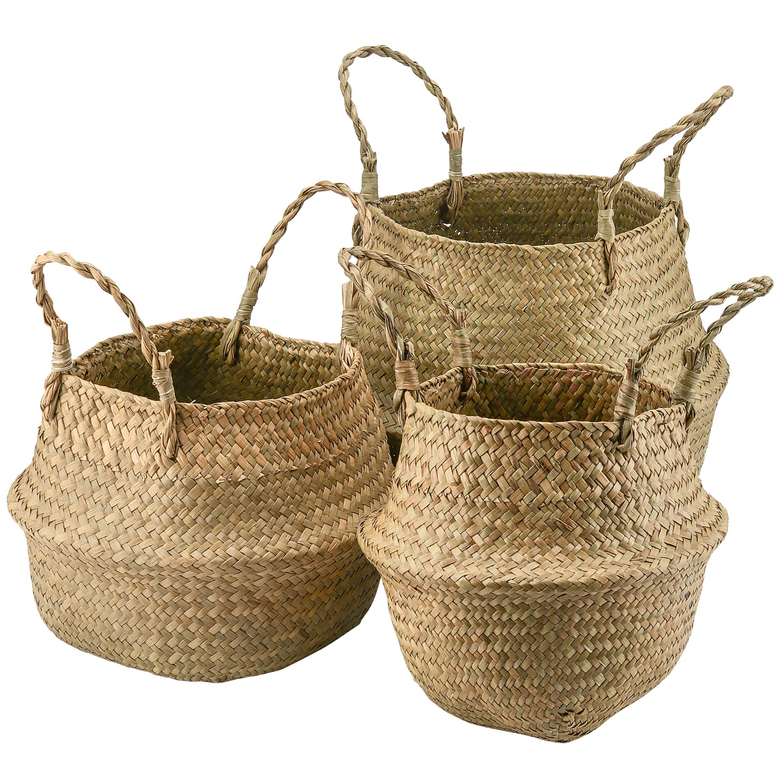 MUKLEI 3 cestas de hierba marina para el vientre, maceta tejida de 3 tamaños con asas, cesta de lavandería para sala de estar, dormitorio, baño, estantes
