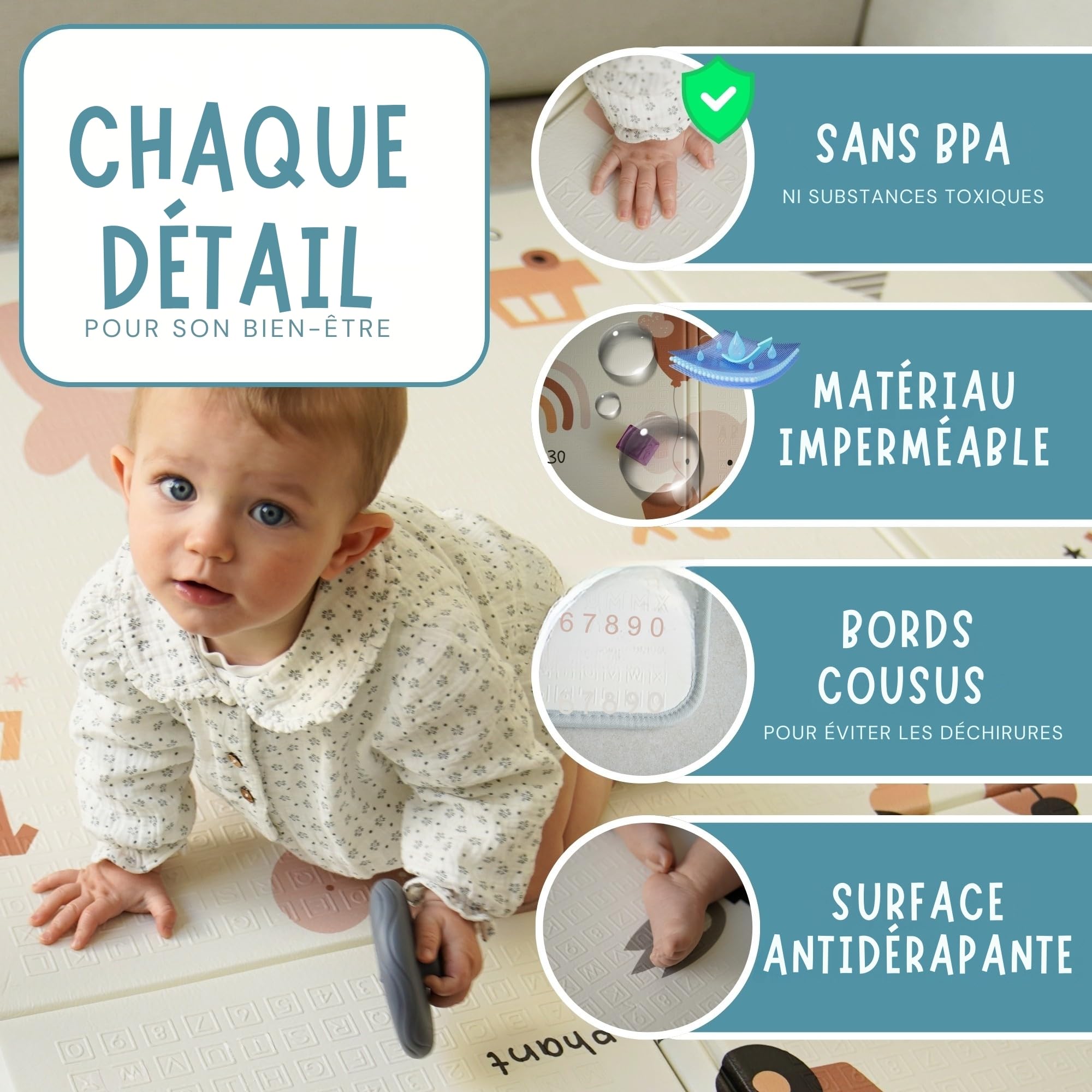 HuBorns - Tapis Bebe Pliable 200x180, Tapis d'Eveil Bebe Reversible avec Bord Renforcé pour Plus Sécurité, Tapis de Jeux Bebe Epais avec Protection Anti-Chute, Tapis Exterieur Lavable (Carte XL)