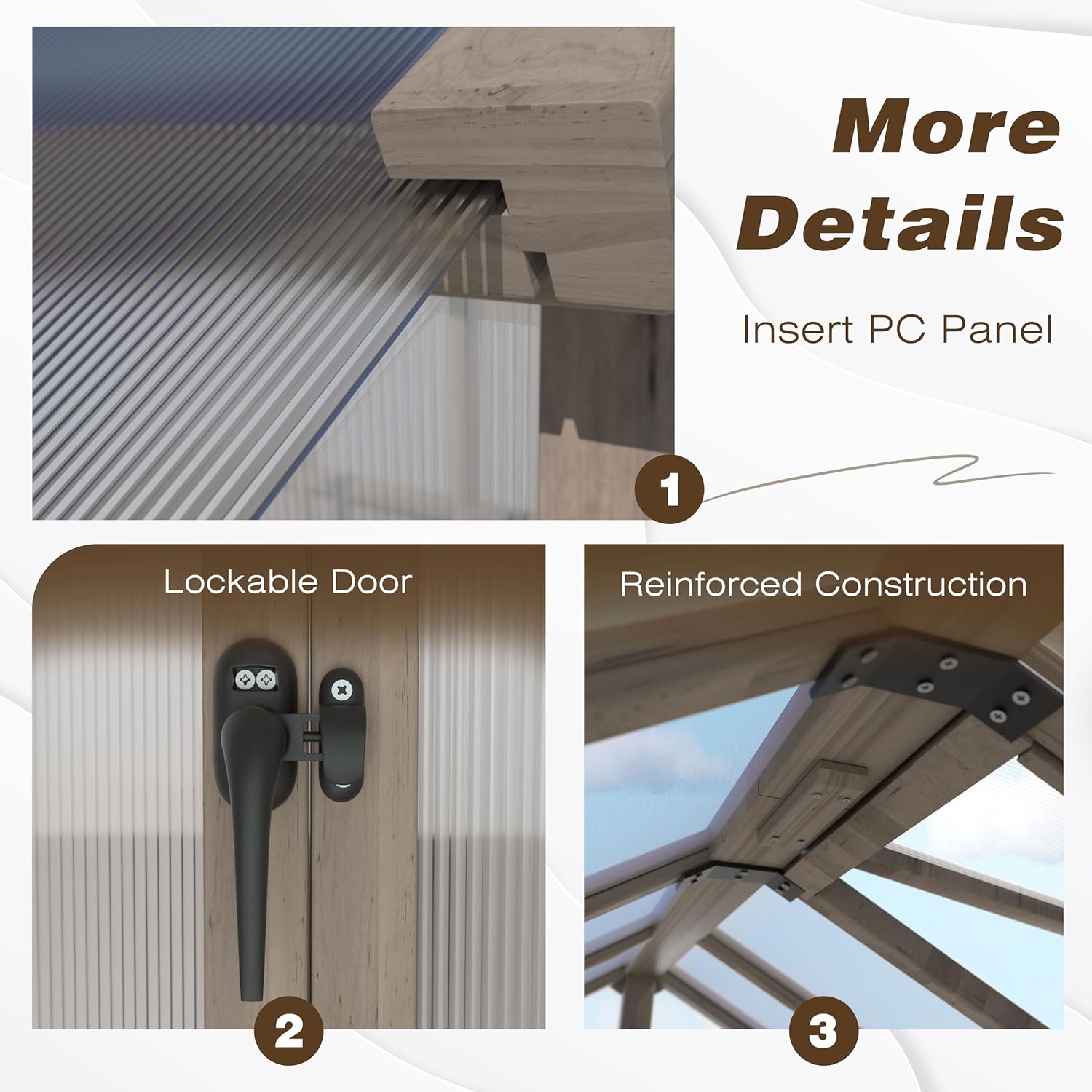 Close-up details of the greenhouse: insert PC panel, lockable door, and reinforced construction