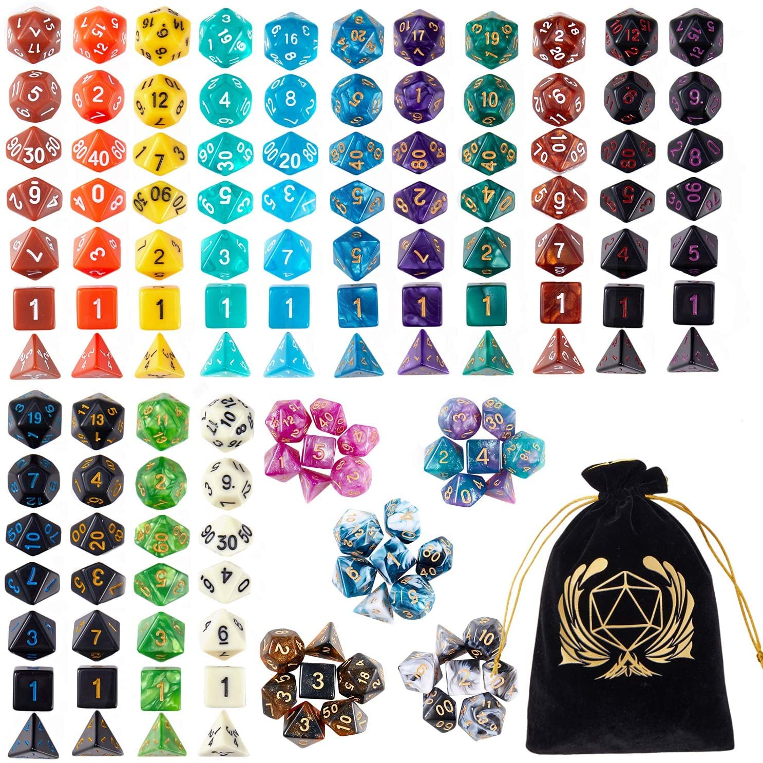 Coyeekn DND Dice Set, 20 x 7 (140 Pieces) Polyhedron Dice 20 Colors Dice for Dungeons and Dragons DND RPG MTG Table Games D4 D8 D10 D12 D20 with 1 Large Flannel Bag