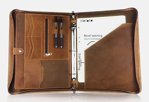 Miniatura 6 de Portafolio de cuero genuino personalizado para hombres, cartera de cuero con cremallera para mujer, carpeta de cuero grabado, 3 anillos, se adapta a