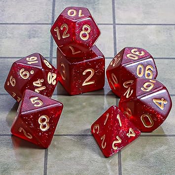QMAY Polyhedral Spielwürfel - 7 Stück Würfel (Rot + Glitter)