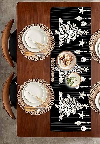 Miniatura 3 de Camino de mesa de árbol de Navidad de 36 pulgadas corto, algodón y lino para cocina, comedor, mesa de café, decoración de tocador, camino de mesa de