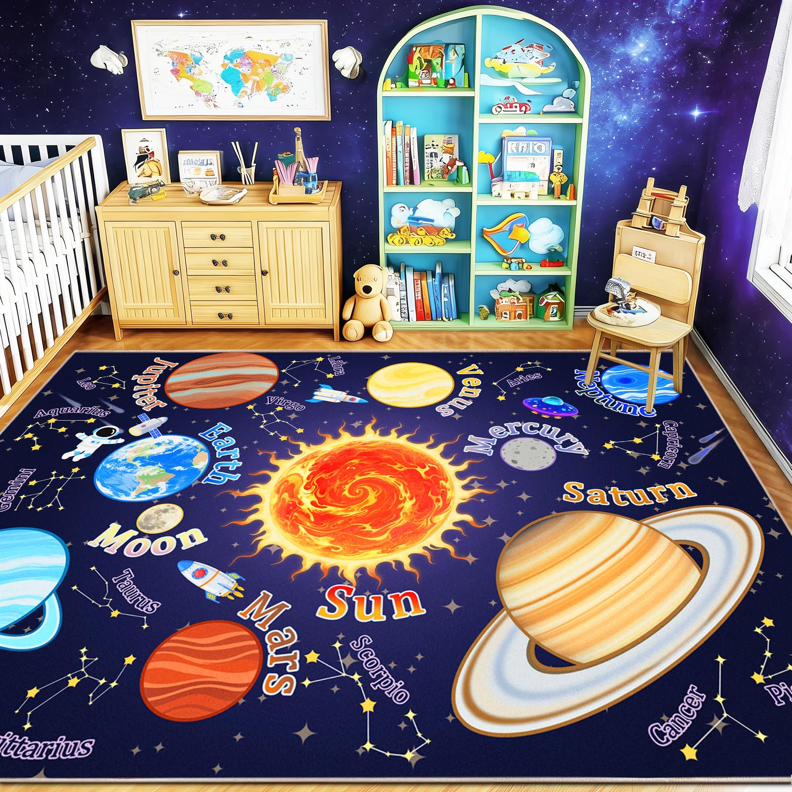 Rezutan Kids Rug for Playroom Outer Space Play Mat for Floor Educational Carpet for Children Boys Girls, Non-Slip Washable Kids Rug for Bedroom Nursery Classroom Decor, 200x300CM