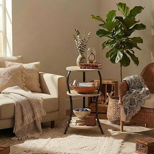 Miniatura 4 de Mesa auxiliar redonda pequeña vintage, mesa auxiliar circular de 3 niveles con estante de almacenamiento, mesa auxiliar compacta para sofá de té,