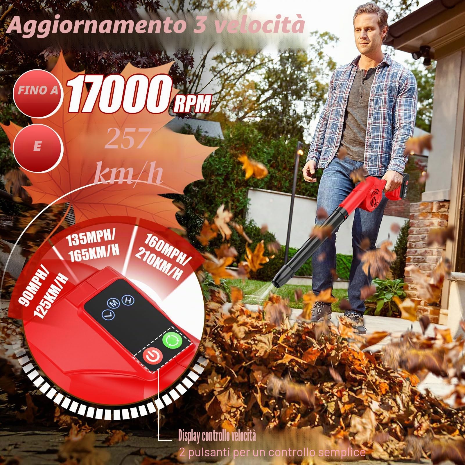 Soffiatore per foglie senza fili con batterie 21V 2*3000mAh e caricabatterie, soffiatore elettrico 320CFM 180MPH, 3 livelli di velocità e 3 tubi di soffiaggio, soffiatori da giardino leggeri con turbo