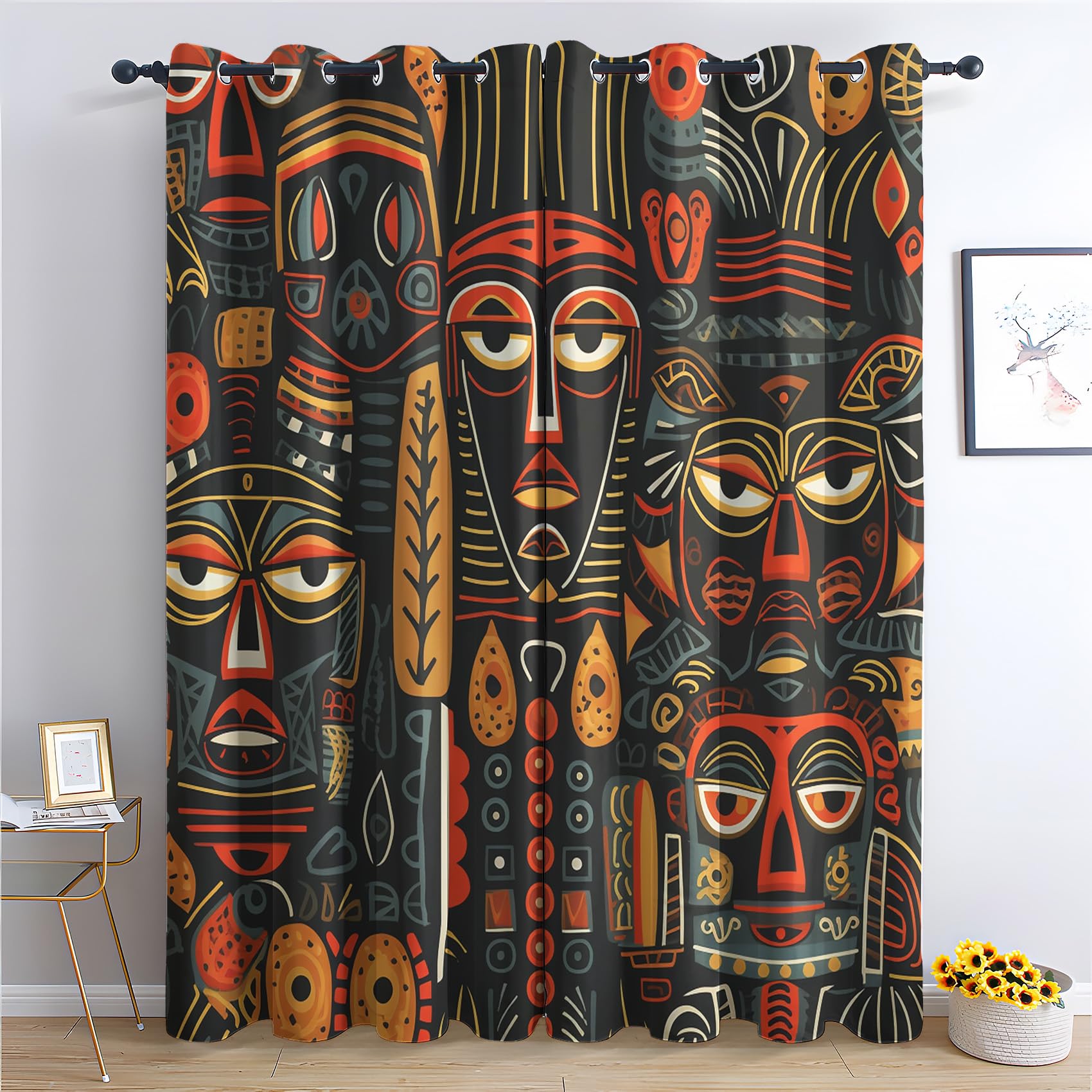 SZLYZM African Blackout Curtains for Bedroom living Room, Tribal Boho Curtains 66x54, 54 Inch Drop Curtains 2 Panels Set, Thermal Eyelet Drapes Decorative Patterned Window Treatments (Q3-&13)