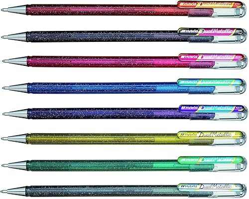 Pentel Hybrid Dual Metallic Liquid Gel Roller Pen YK110/8-M - Paquete de 8 bolígrafos en 16 colores metálicos brillantes