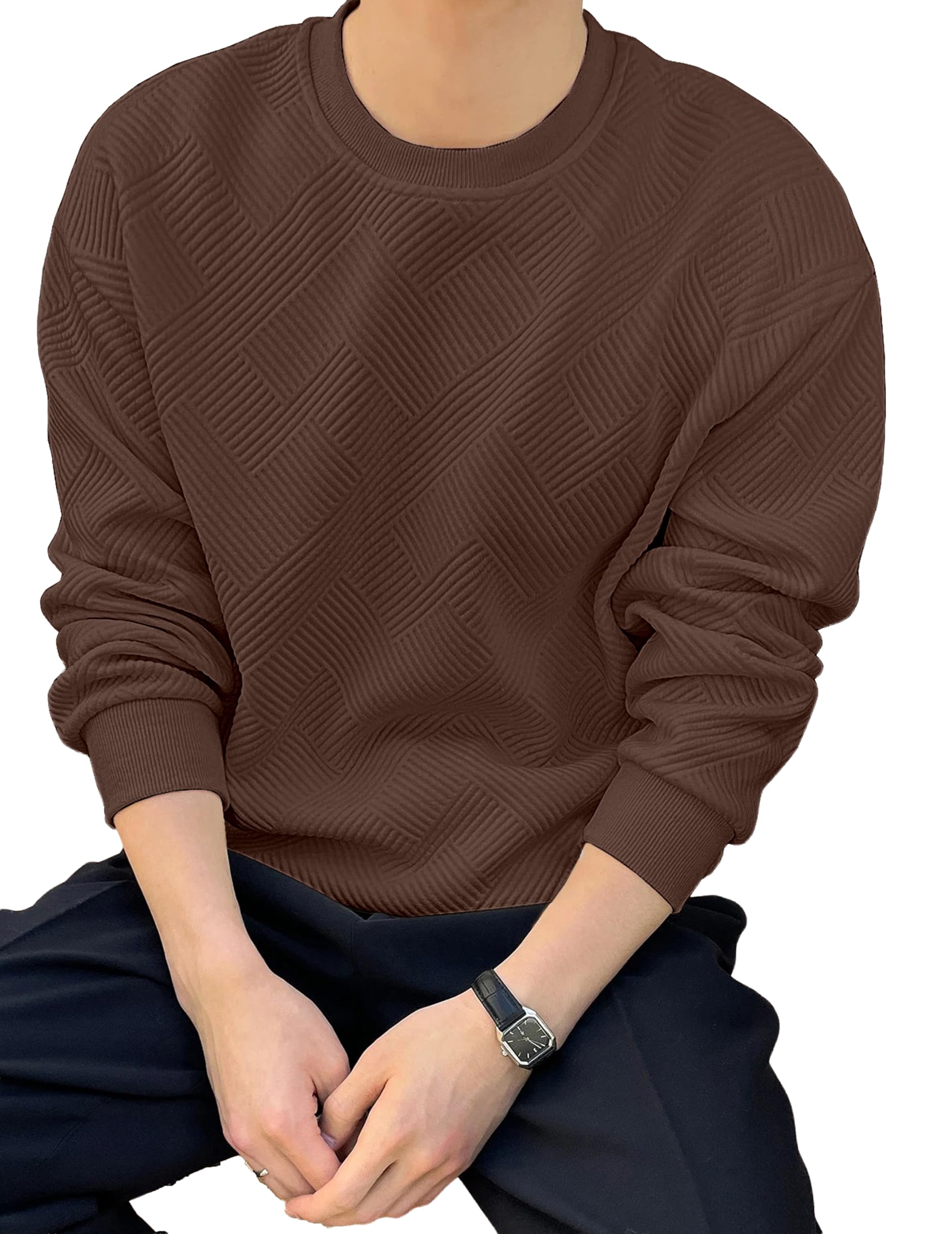 Textured Geometric Pattern Crewneck T-Shirt, Long Sleeve Pullover, Casual Round Neck Design-image-0
