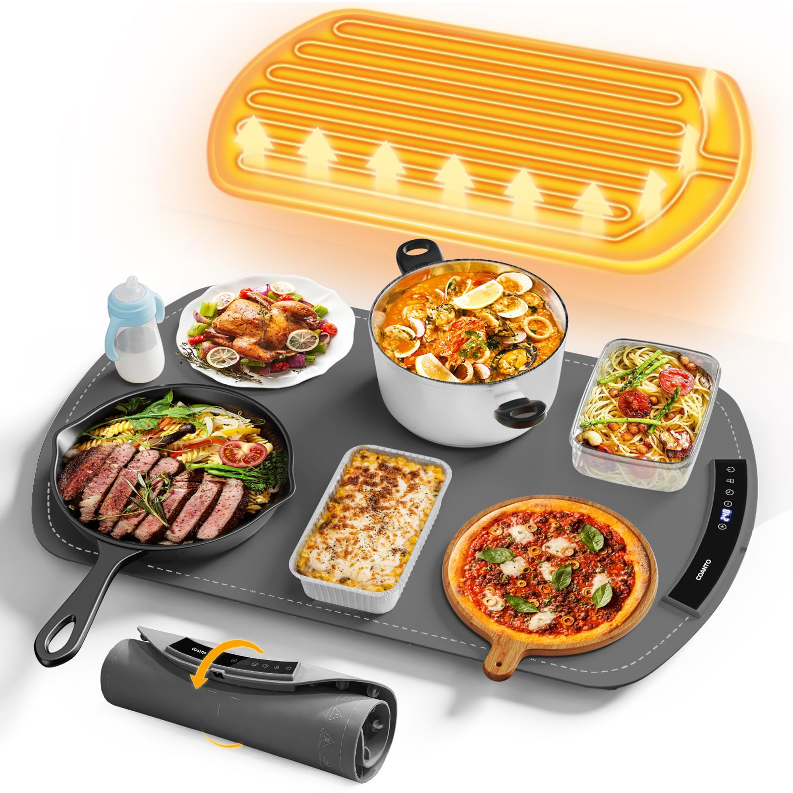 Coanto Food Warming Mat, 9-Temp Electric Warming Tray, 25.8 x 15.6, Gray