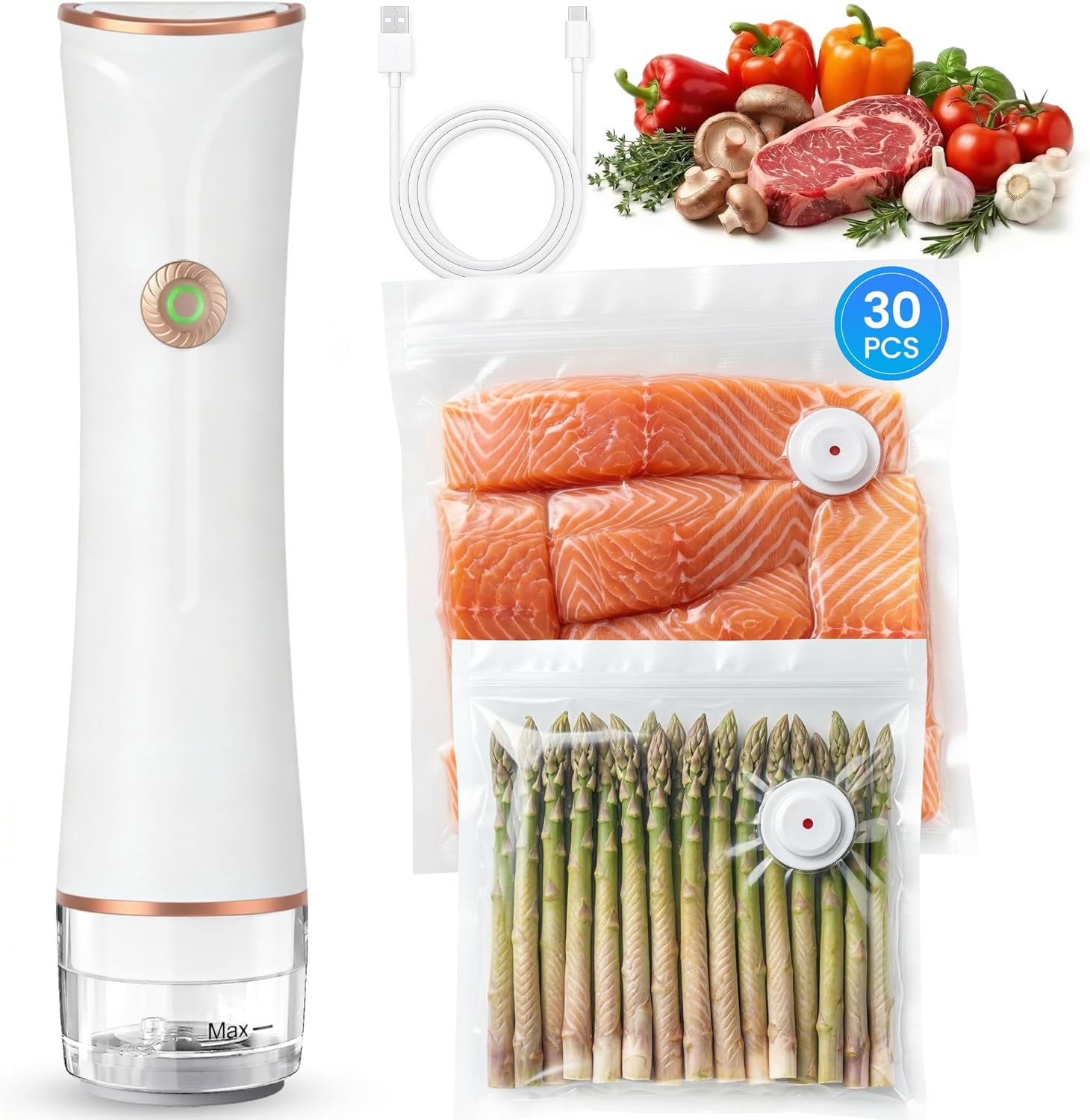 Compact Vacuum Sealer for Food with Visible Tank, Handheld Vacuum Sealer Machine, Includes 30 Reusable Bags, Seal Food 6X Fresh Longer, Wireless & Portable, Suitable for Kitchen and Travel, White