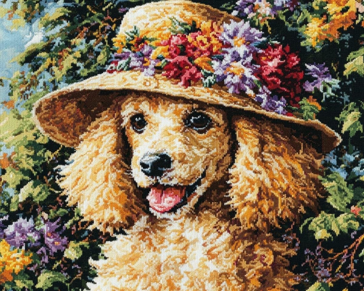AxiangziK Cross Stitch Kits for Adults 12x16in,A Poodle Wearing a Flower hat DIY Art Embroidery Kits for Beginners Gift Home Decor preprinted 11CT