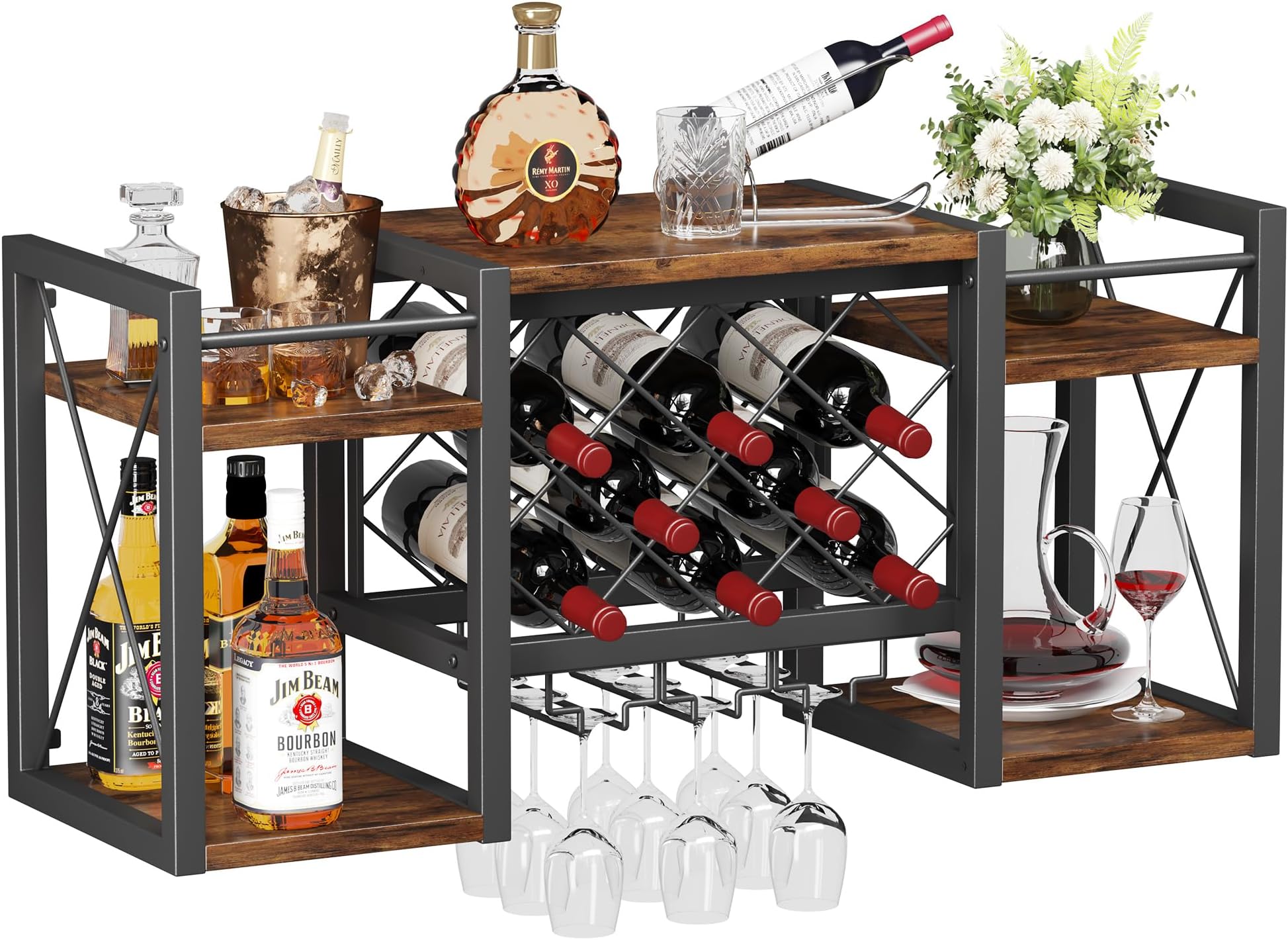 Wall Mounted Wine Rack with Glass Holder, Wood-Metal Retro Bar Shelf, Wine Bottles Display Wall Storage for Kitchen Dining Room Home Bar