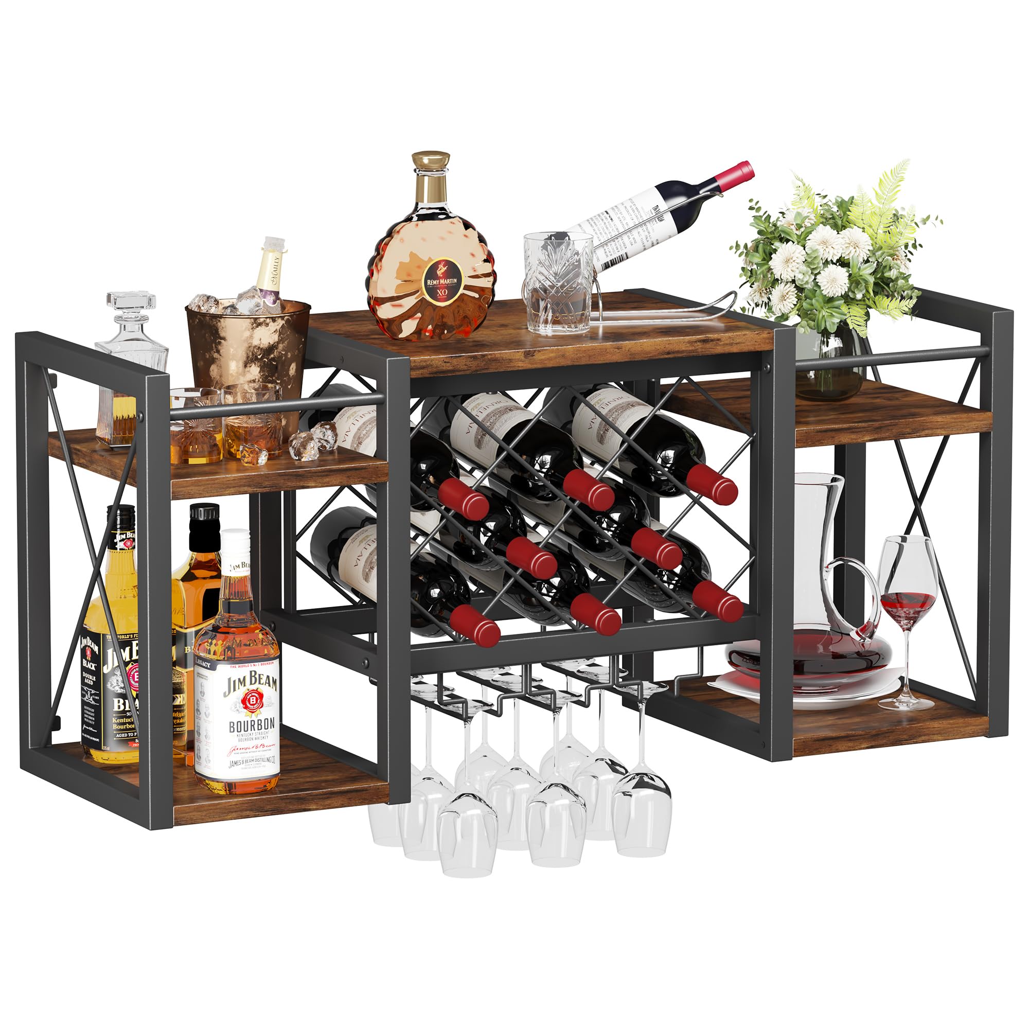 Wall Mounted Wine Rack with Glass Holder, Wood-Metal Retro Bar Shelf, Wine Bottles Display Wall Storage for Kitchen Dining Room Home Bar