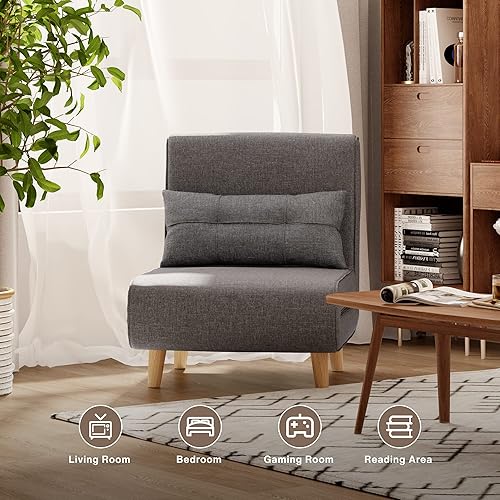 Miniatura 8 de Aiho Silla de sofá, cama convertible, silla de futón con almohada suave, tela de lino moderna, patas de madera maciza, gris oscuro