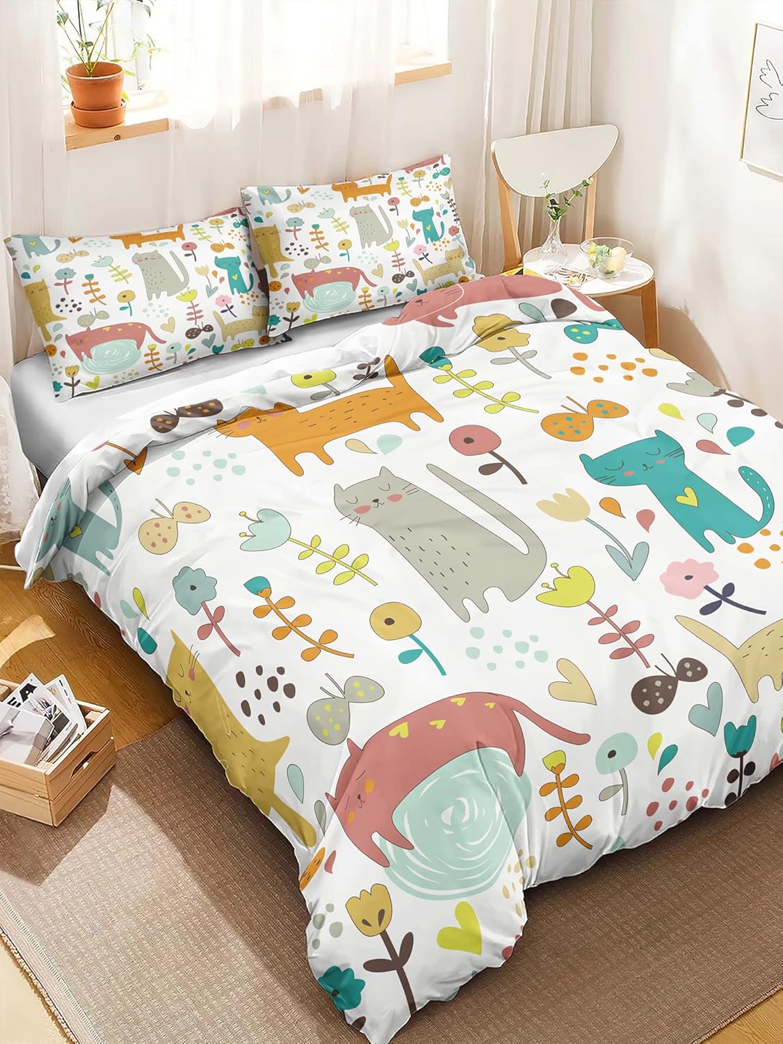 CVHOUSE Kawaii Cat Duvet Cover Twin Size,Cute Cat Bedding Set for Girls Kids,Kawaii Cat Comforter Cover,1 Duvet Cover 2 Pillowcases 3 Piece