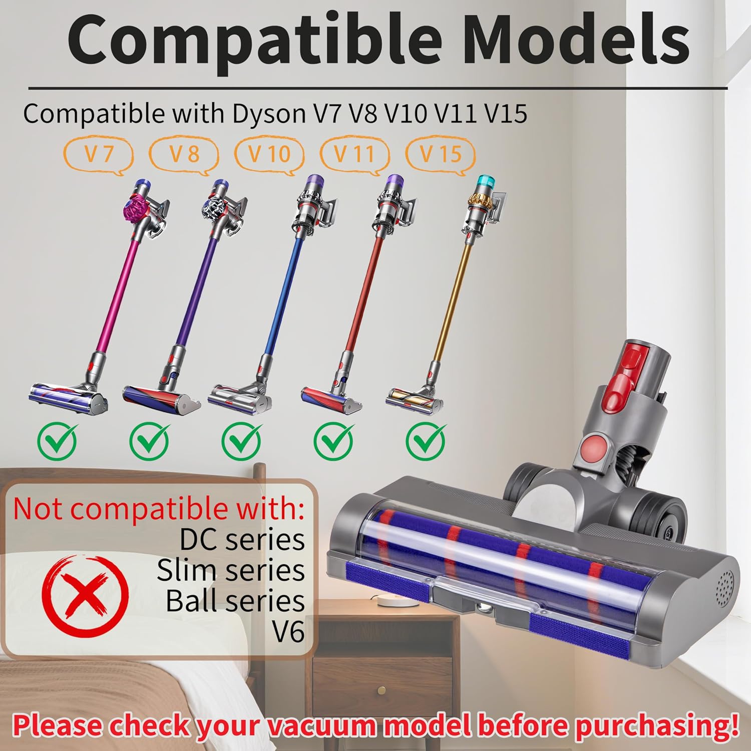 Brush Head Compatible with Dyson V7 V8 V10 V11 V15 Vacuum Cleaner Motorhead with LED Headlights, V shape Turbo Bristle Roller and Soft Roller Brush