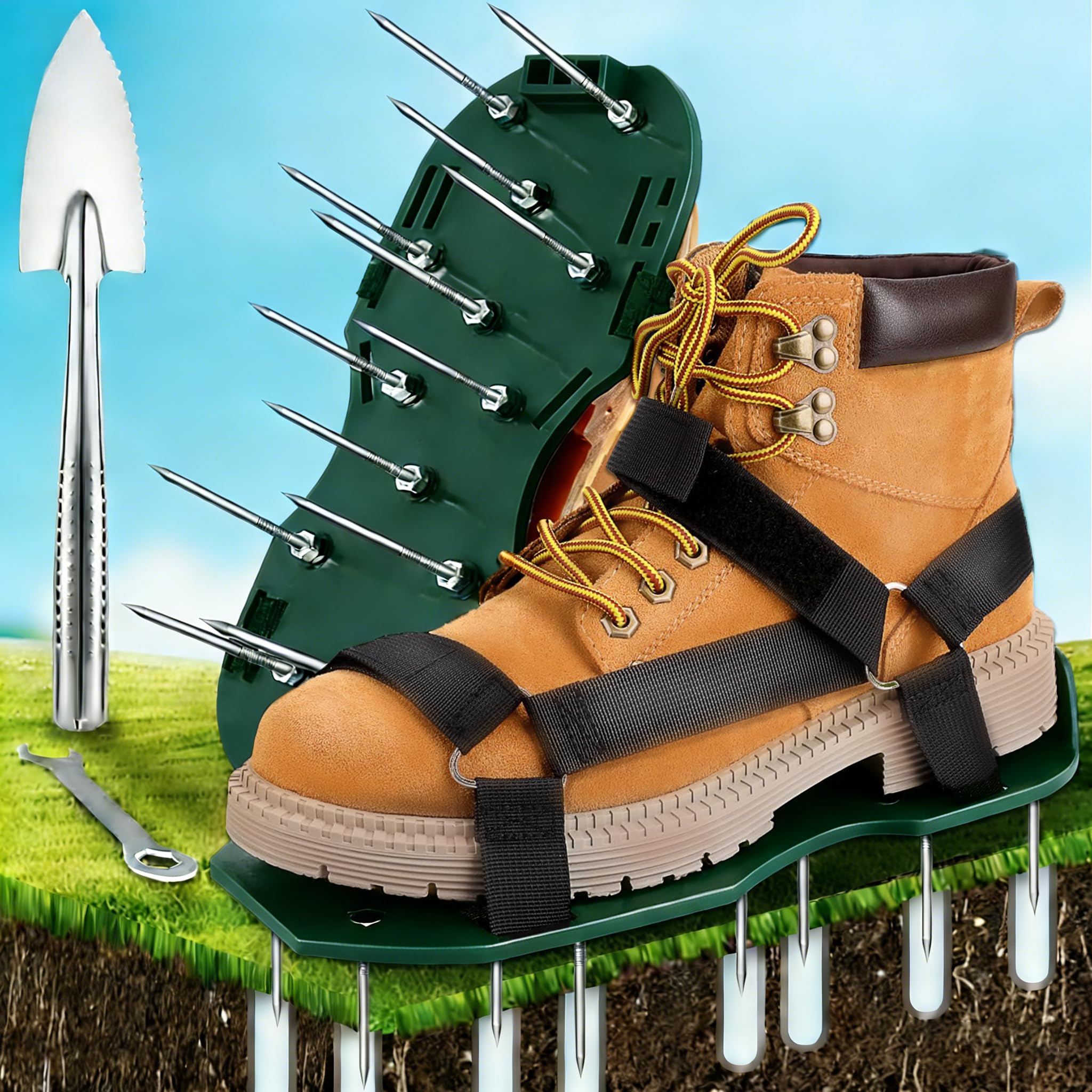Chaussures aérateurs de pelouse, chaussures d'aération robustes pour pelouse avec sangles réglables, installation facile, taille unique pour pelouse, cour, sol, terrasse (vert)