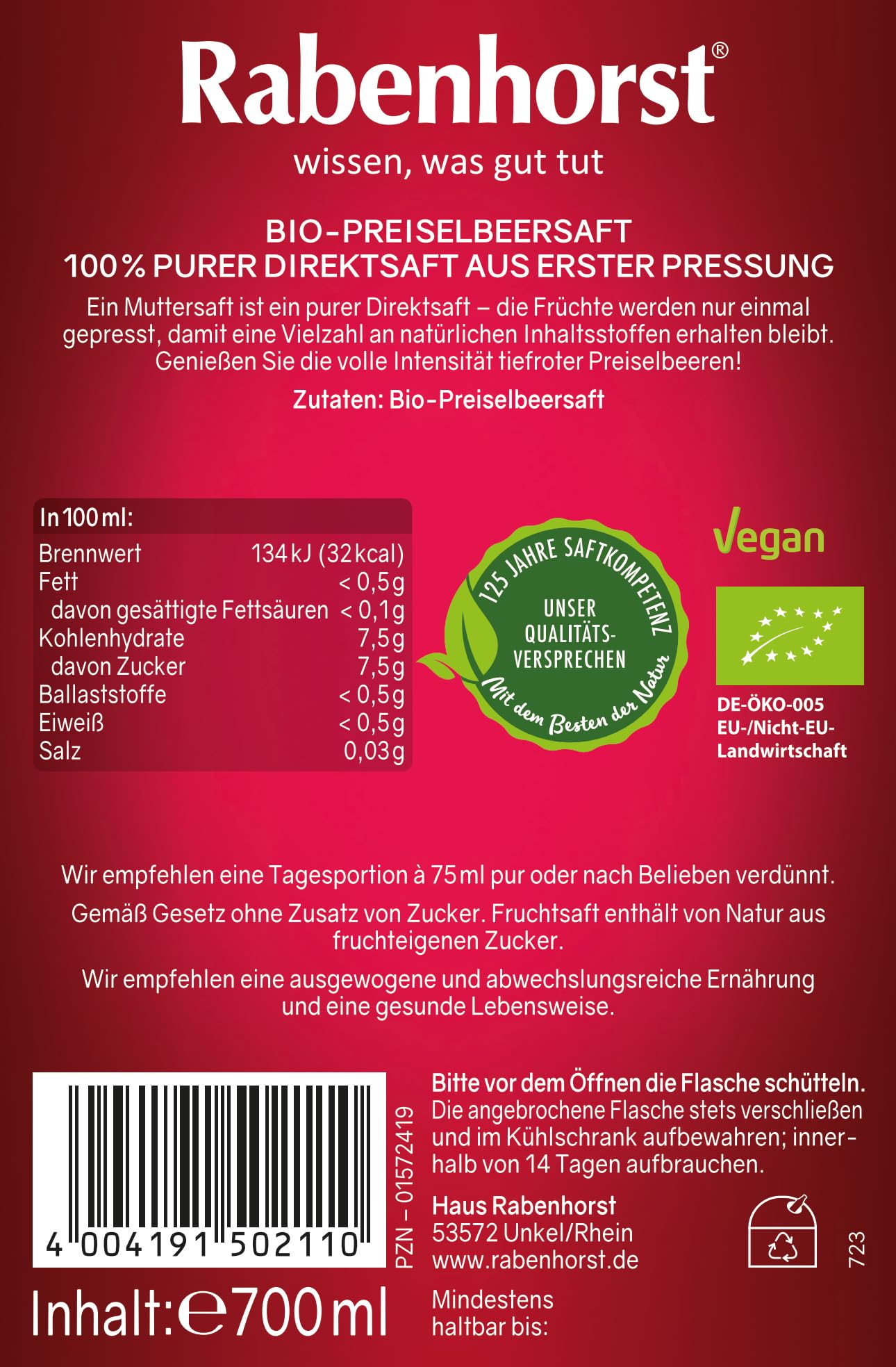 Rabenhorst Jumbo de arándanos orgánicos, 6 unidades (0,7 l) | Zumo directo de arándano rojo 100% puro de primer prensado