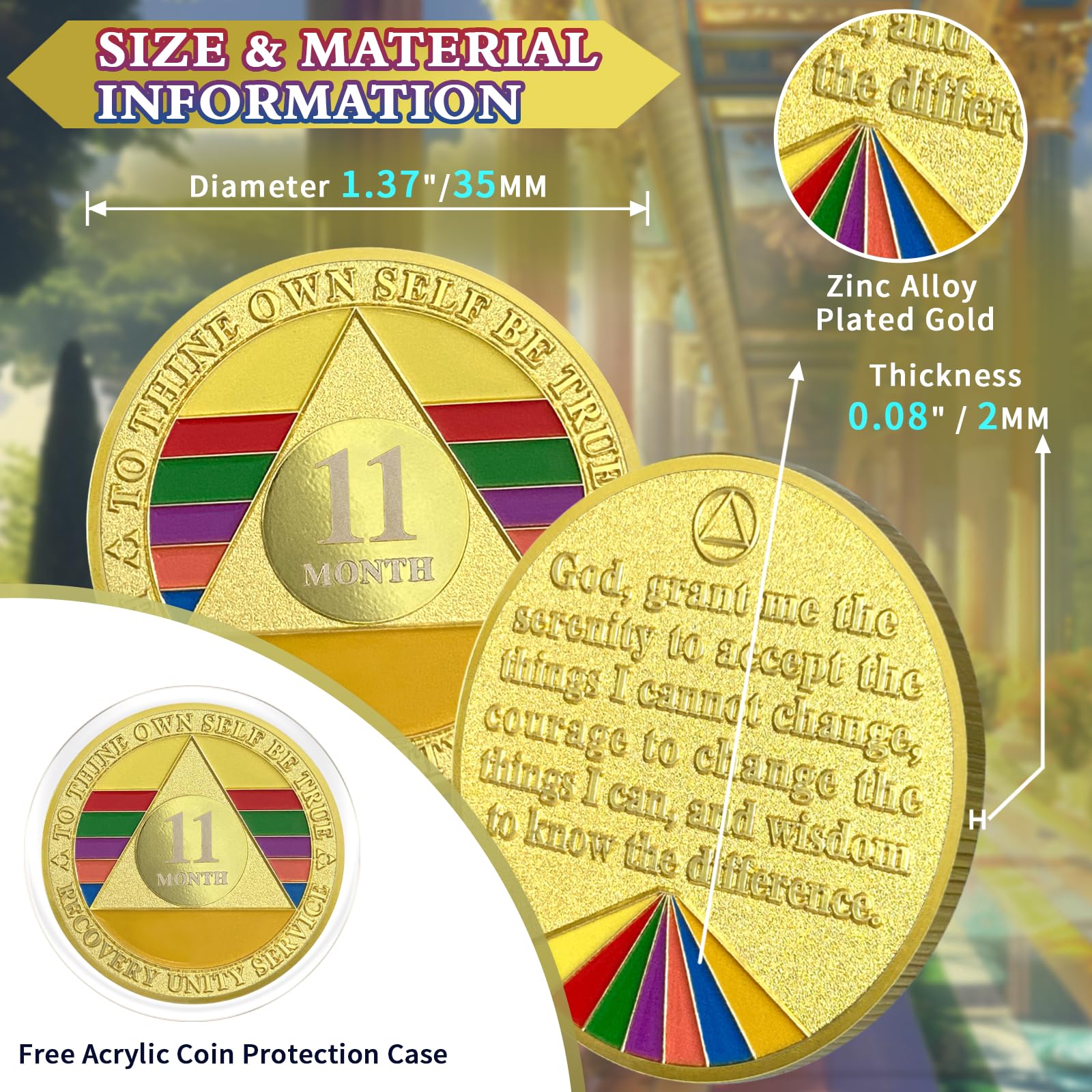 11 Months Sobriety Coin Eleven Month Sober Gold Coin Rainbow Sobriety Chip AA Chips and Medallion Alcoholics Anonymous Coin Recovery Anniversary Token Sobriety Gifts for Women Men - Image 4