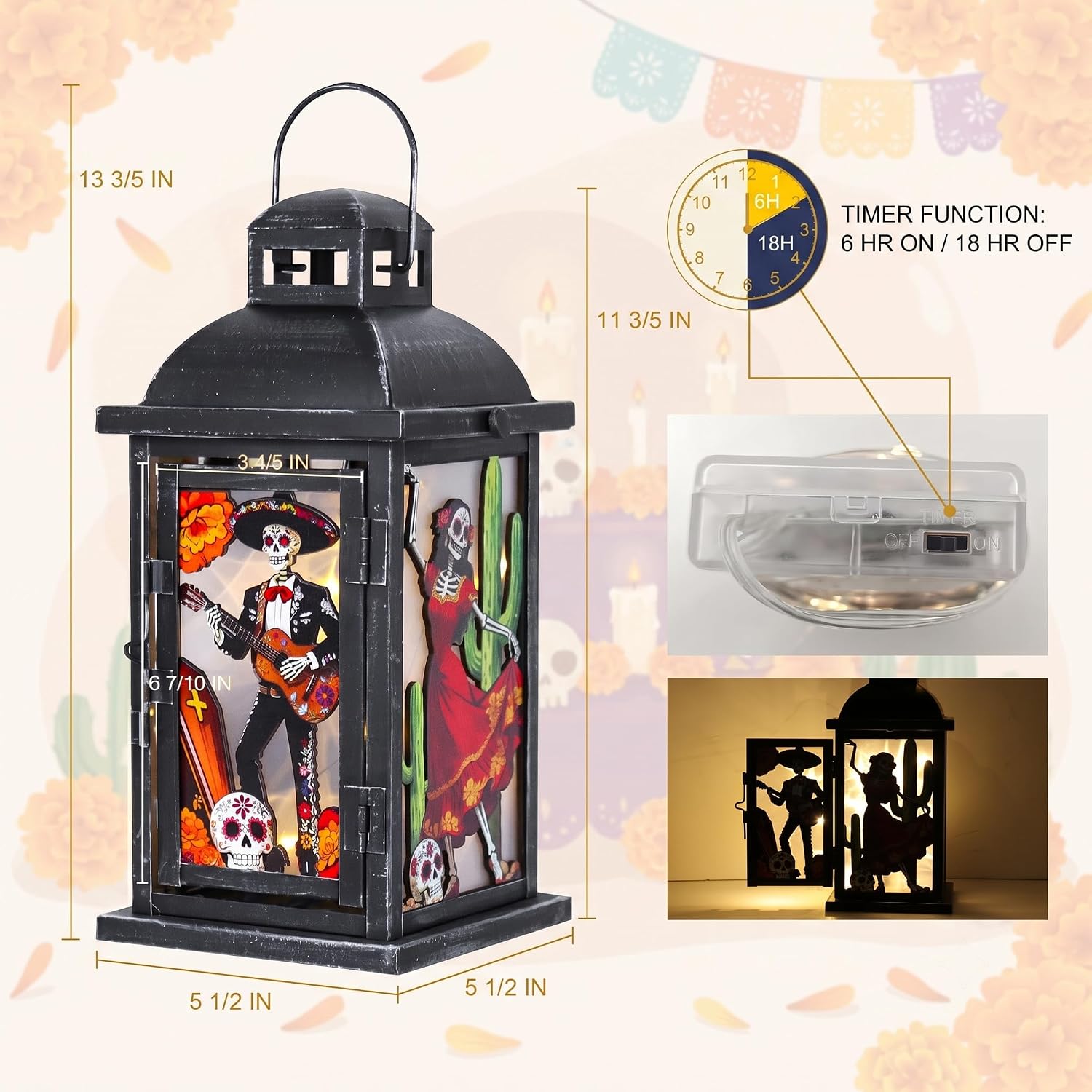 Dia de Los Muertos Decorations, Day of the Dead Decor, DECORKEY 13.6’’ Decorative Skull Men & Women Candle Lantern with 60" Lights, Metal Black Lantern for Ofrenda Altar Table Fireplace Mantel bar
