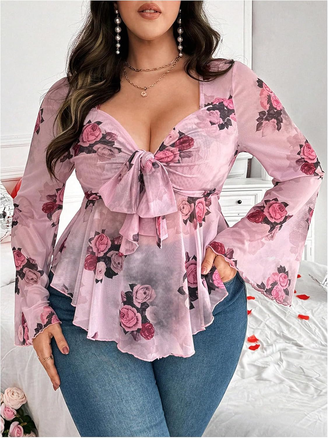 Floerns Women's Plus Size Floral Long Sleeve Tie Front Hanky Hem Mesh Blouse Tops - Image 6
