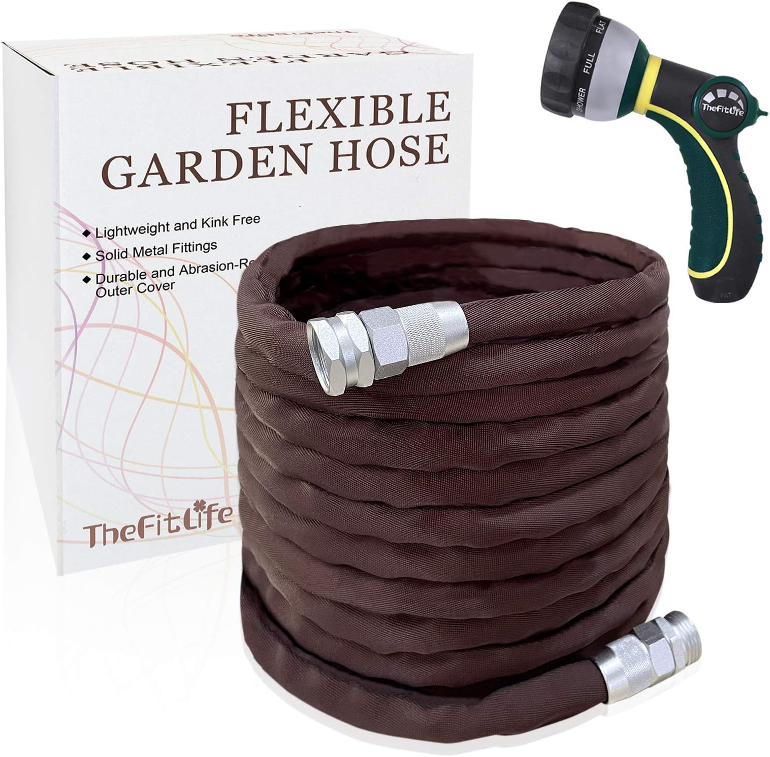 TheFitLife Heavy-Duty Flexible Garden Hose - Upgraded Leak and Burst Resistant Design, Reinforced Water Hose with Metal Fittings and Multi-Functional Nozzle, Lightweight for Hose Reel Storage (50 FT)