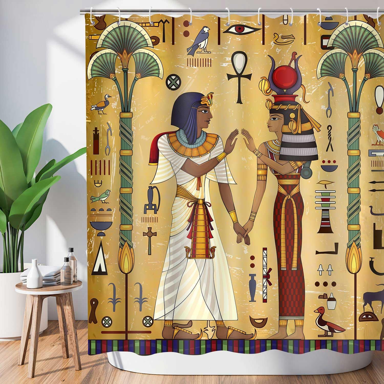 Ancient Egyptian Style Shower Curtain Egypt King Queen Timeless Grace Antique Tradition Symbol Tree, Polyester Cloth Fabric Bathroom Decor Set with Hooks, 72" W x 72" L