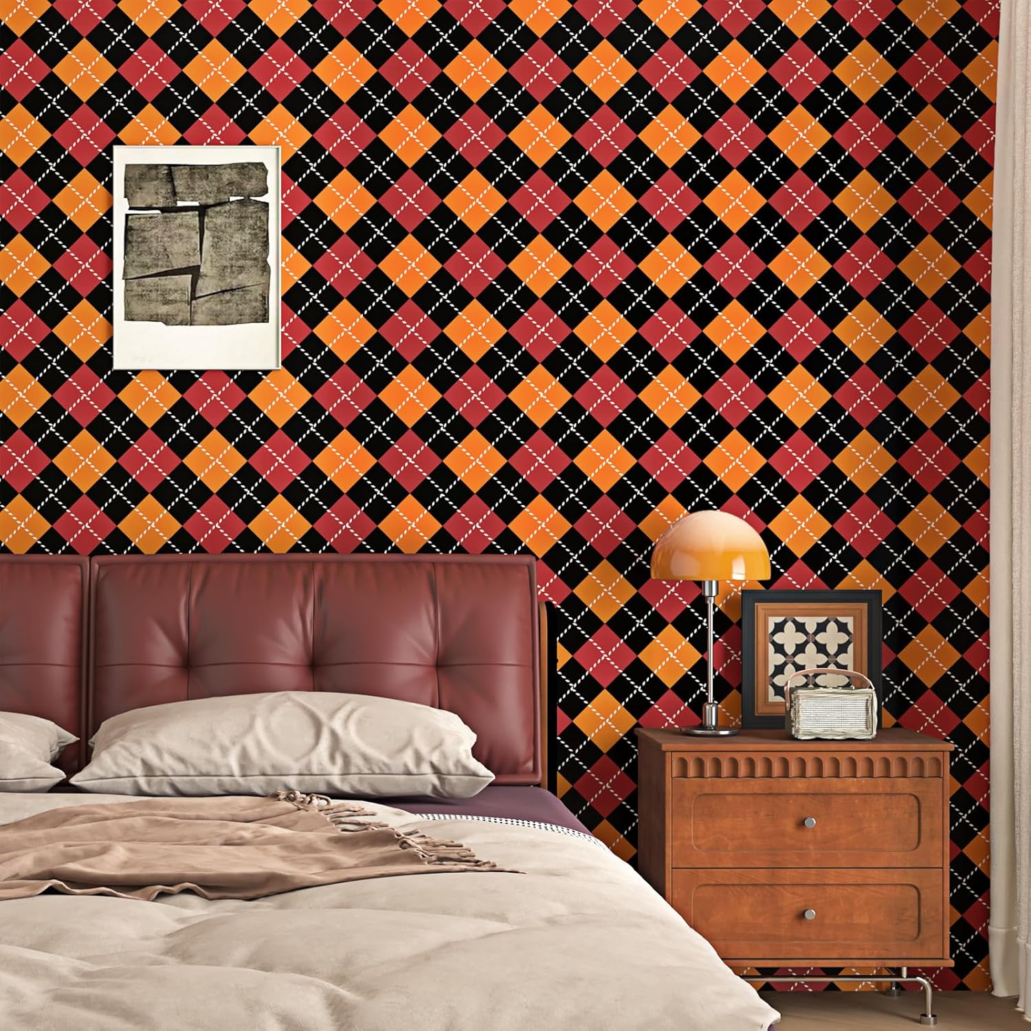 Retro Geometric Wallpaper Peel and Stick Black Red Orange Checkered Contact Paper Colorful Funky Checkered Wallpaper for Bedroom Nursery Cabinets Shelf Liner Removable Paper 17.5×102.3''