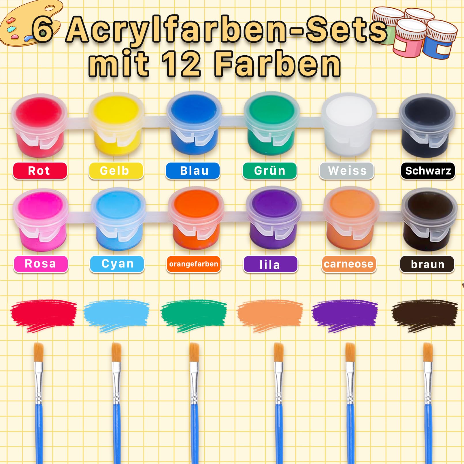 kurtrusly Ensemble de Peinture Acrylique 24 Couleurs avec 24 Tubes de Peinture 3 Pinceaux 1 Palette pour Toile Tissu Bois Céramique pour Enfants Débutants Artistes