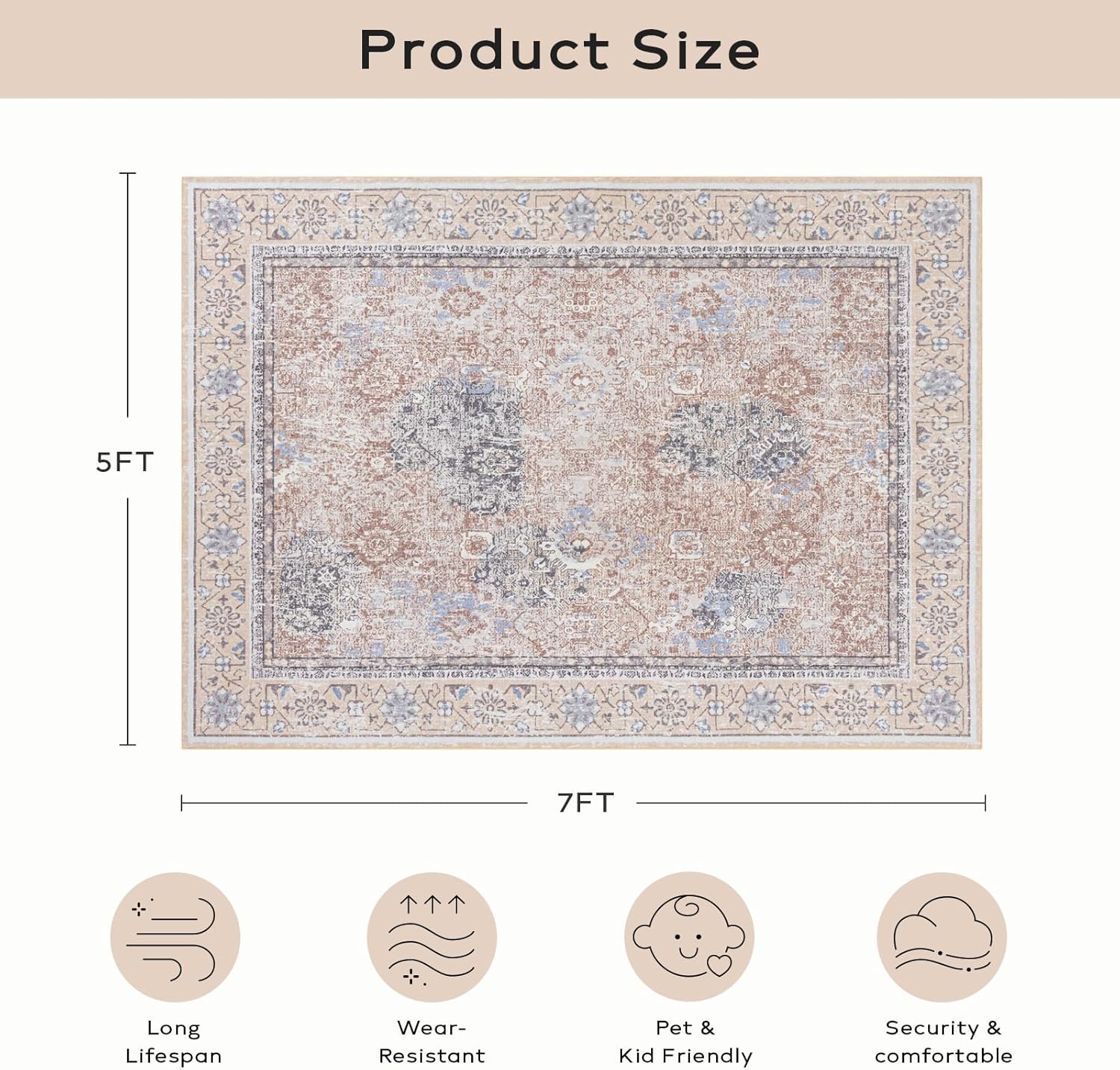Ashler Boho Rug, 5x7 Area Rugs, Vintage Rugs, Large Area Rugs for Living Room, Bedroom, Kitchen, Dinner, Beige/Natural/Light Coffee Home Decor, Non-Slip & Machine Washable Rugs, Rectangular