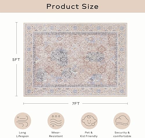 Miniatura 340 de Ashler - Alfombras bohemias vintage de 5 x 8 pies para sala de estar, lavables a máquina con parte trasera antideslizante, alfombra para interiores