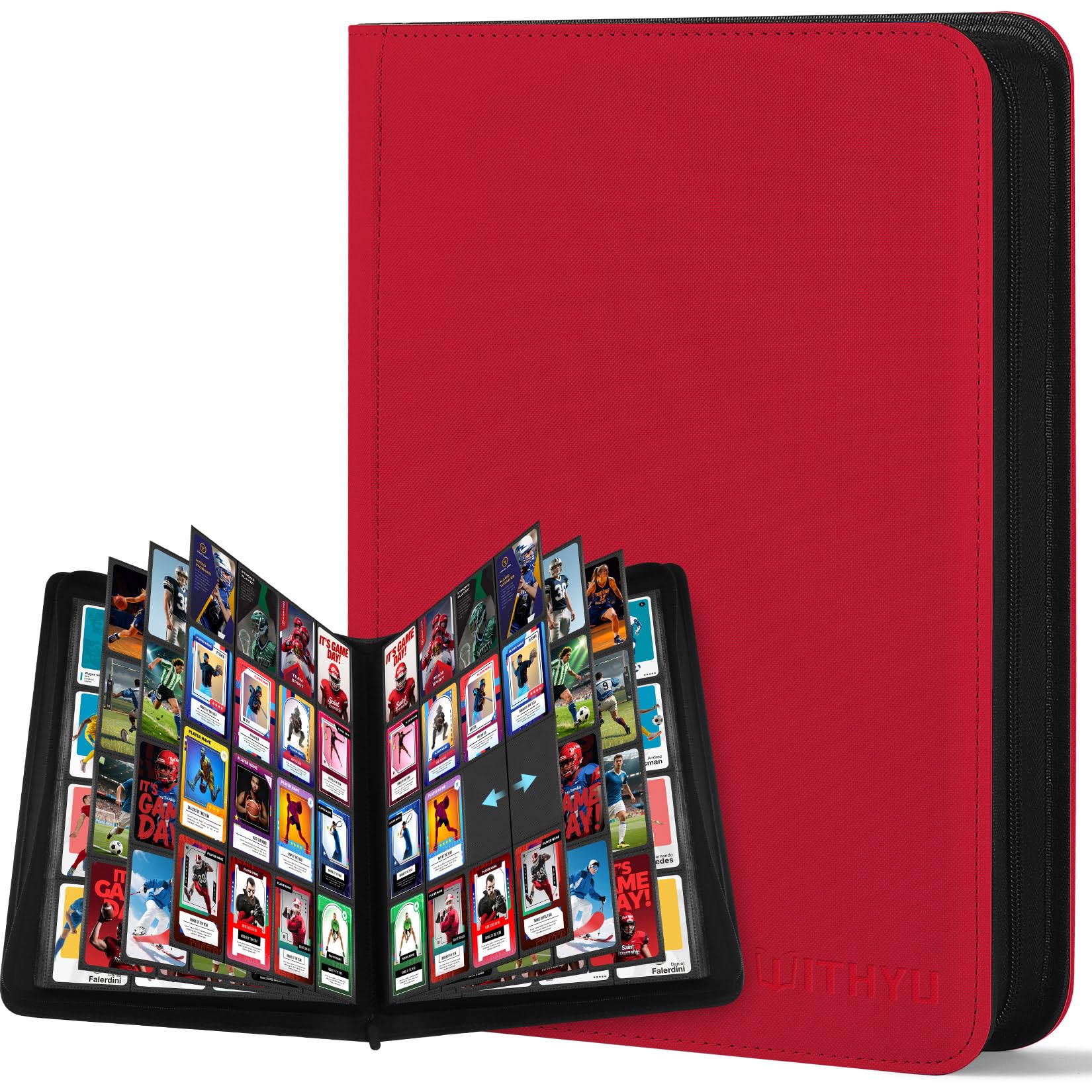 WITHYU Album da Collezione per Carte 16 Tasche, Capacità 1024 Carte - Portacarte Impermeabile Caricamento Laterale con Zip per TCG, Calcio & Collezioni, Portatile (Rosso Vinaccia)