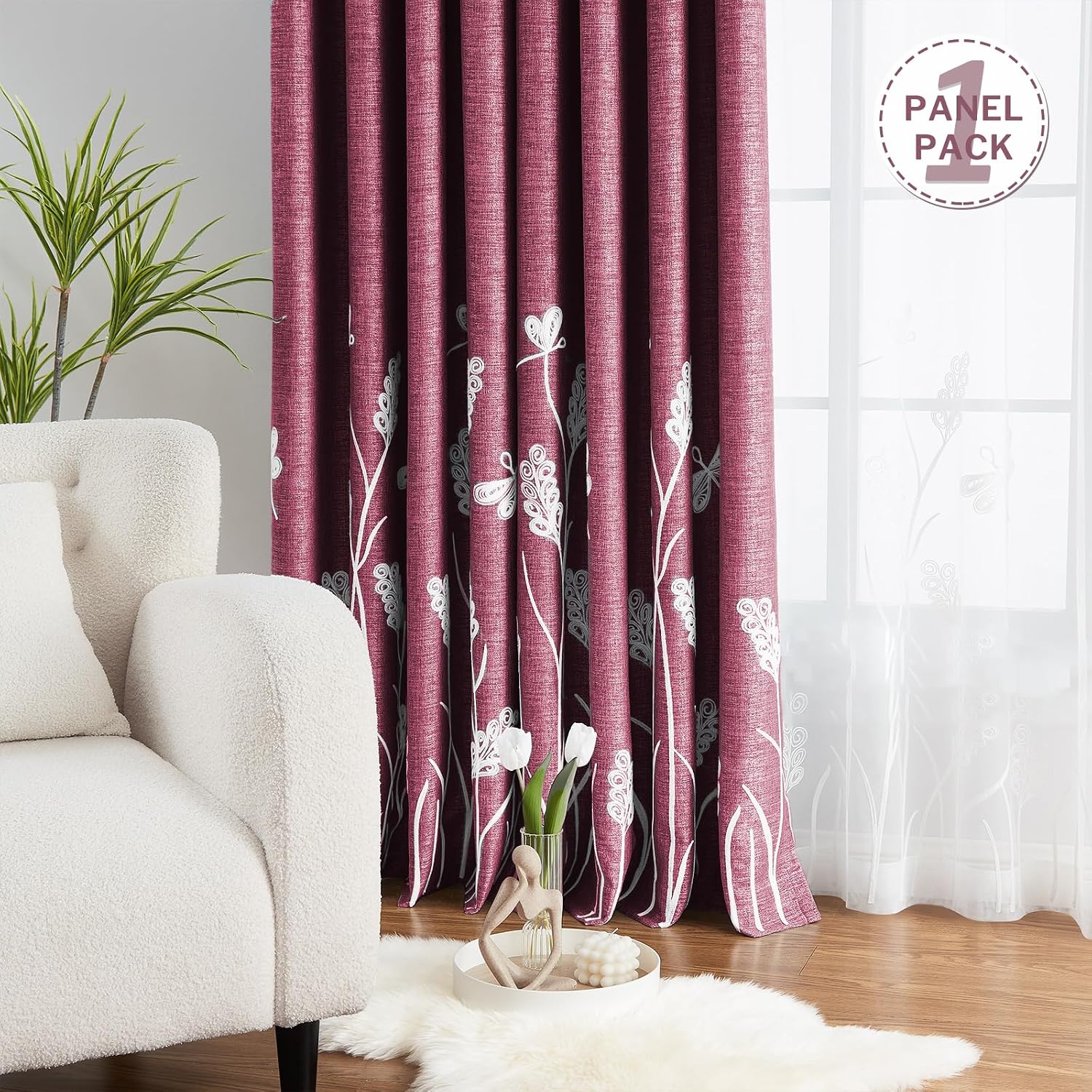Melodieux Extra Wide Embroidery Curtain for Patio Sliding Door, Living Room Farmhouse Floral Patterned Room Darkening Linen Textured Grommet Drape, White Wheat/Burgundy, 100" W x 96" L, 1 Panel