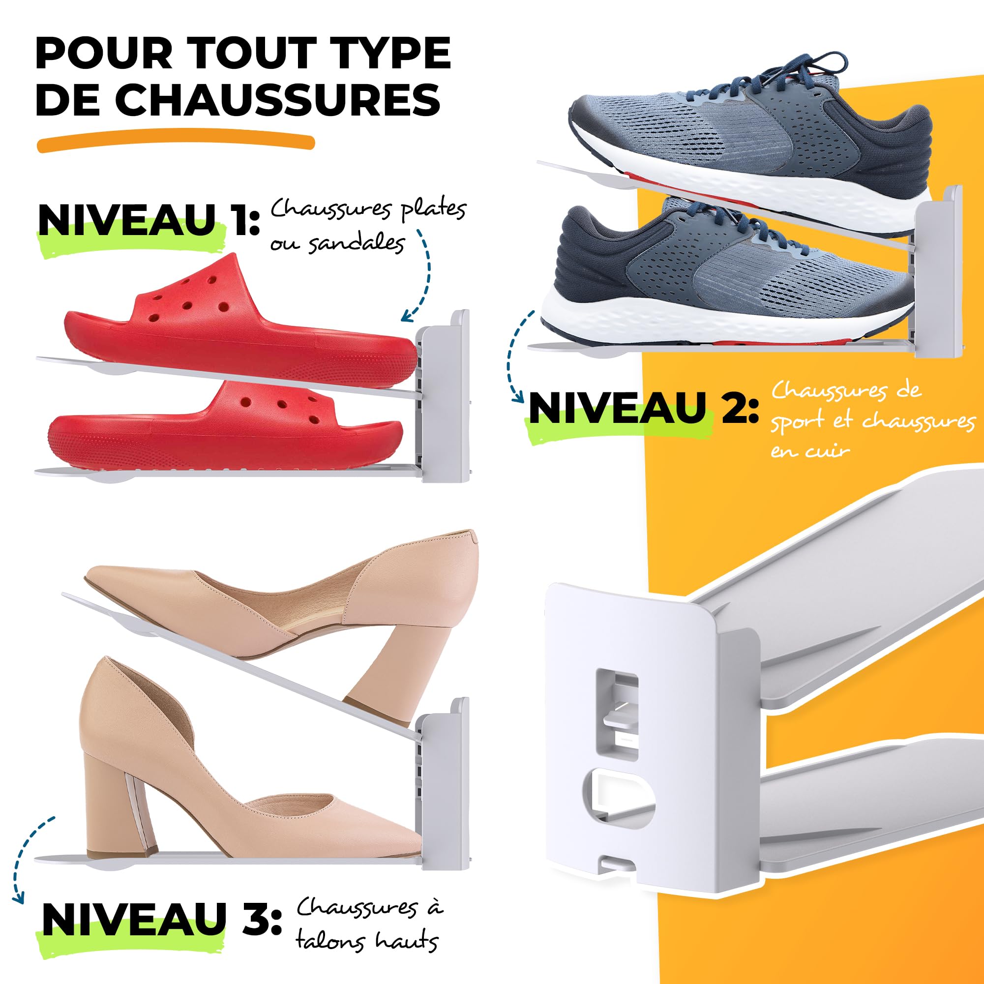 Range Chaussures Gain de Place – Organisateur chaussures double couche réglable | Rangement chaussures placard ou étagère | Support chaussures empilable (Blanc,24)