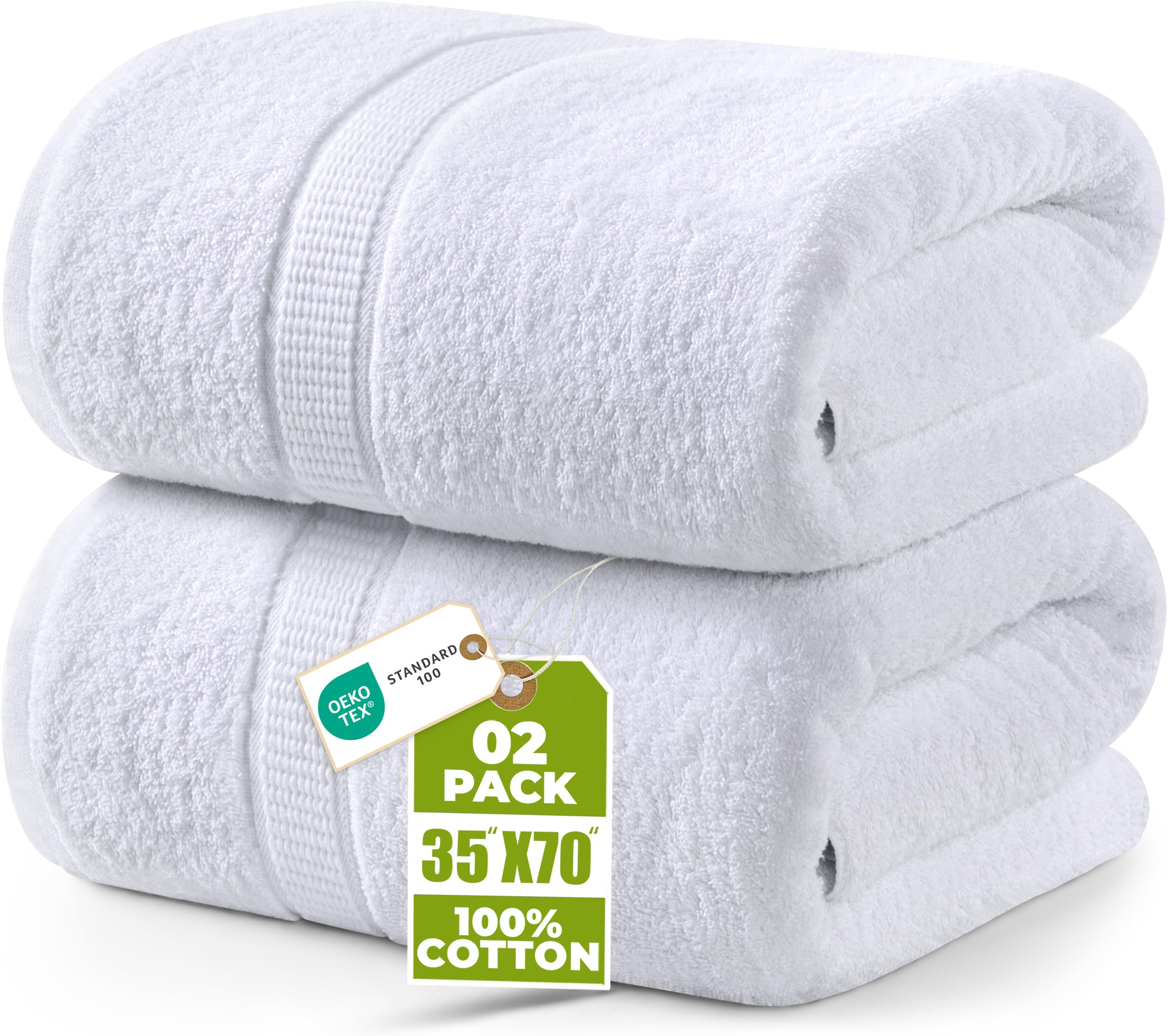 Luxurious Jumbo Bath Sheet (35 x 70 Inches, White) - 600 GSM 100% Ring Spun Cotton Highly Absorbent and Quick Dry Extra Large Bath Sheet - Super Soft Hotel Quality Towel (2-Pack)