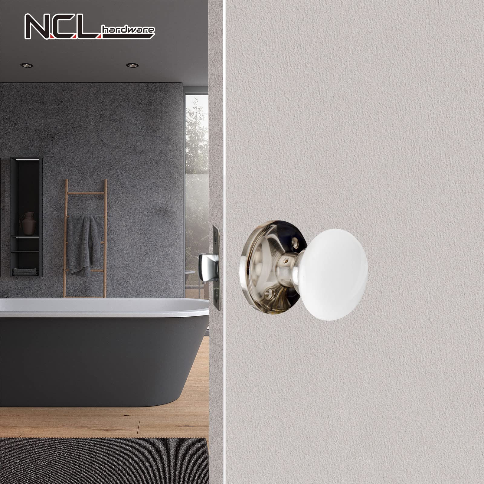NCL Hardware Białe gałki do drzwi, bezkluczykowe klamki, oblate porcelanowe dźwignie drzwiowe, wewnętrzne gałki do drzwi łazienkowych (biała gałka z satynową rozetą)