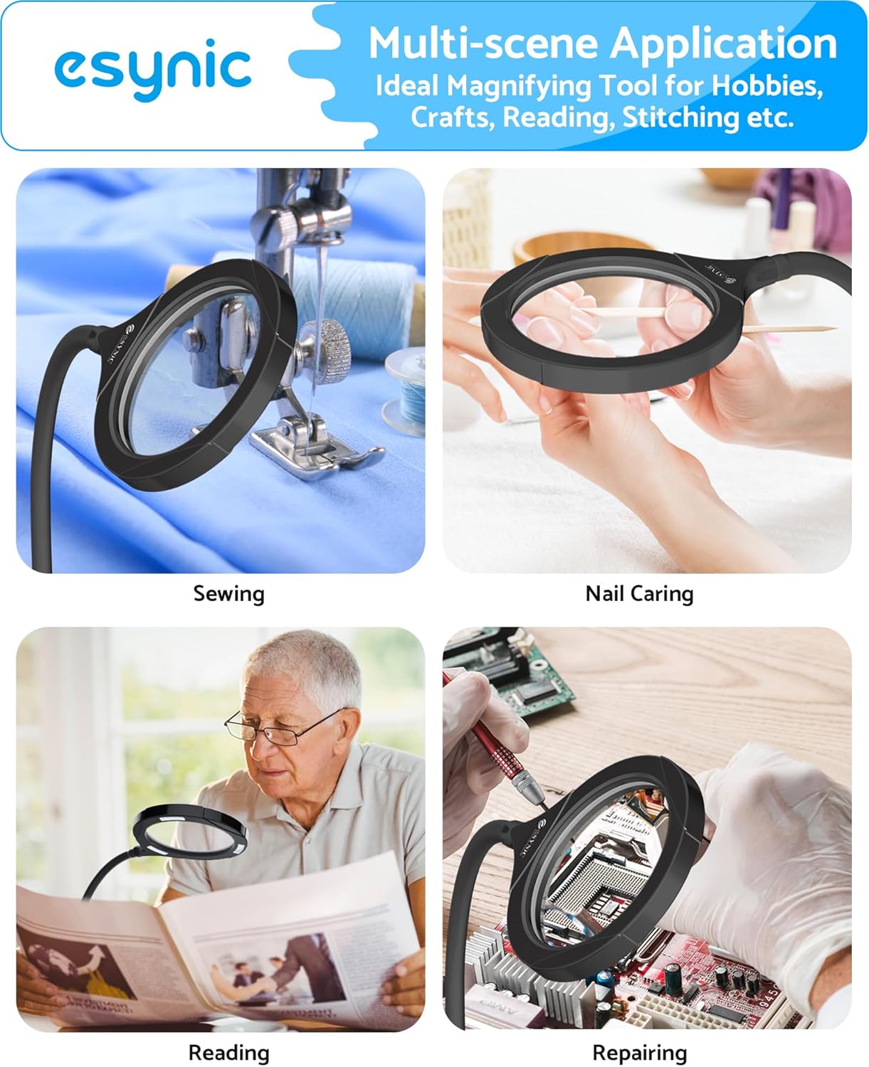 eSynic Magnifying Lamp with Light - 5X & 10X 110mm Large Lens with 15 LED Lights- USB-C Rechargeable & Flexible Gooseneck, Clamp&Base Dual Mount for Reading/Crafts/Repair [Acrylic Lens] - Image 8