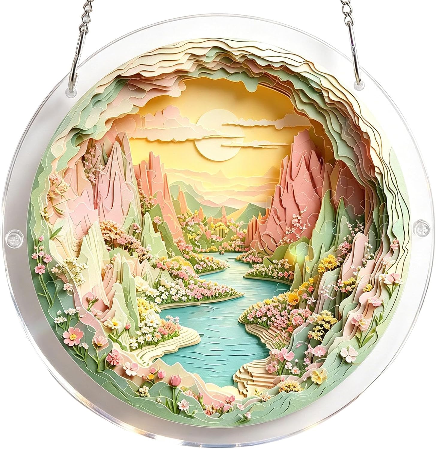 Spring Valley Landscape Acrylic Jigsaw Puzzles Suncatcher, 8.9 Inch Window Hanging Suncatcher Acrylic Puzzle, DIY Home Decor Art Gift