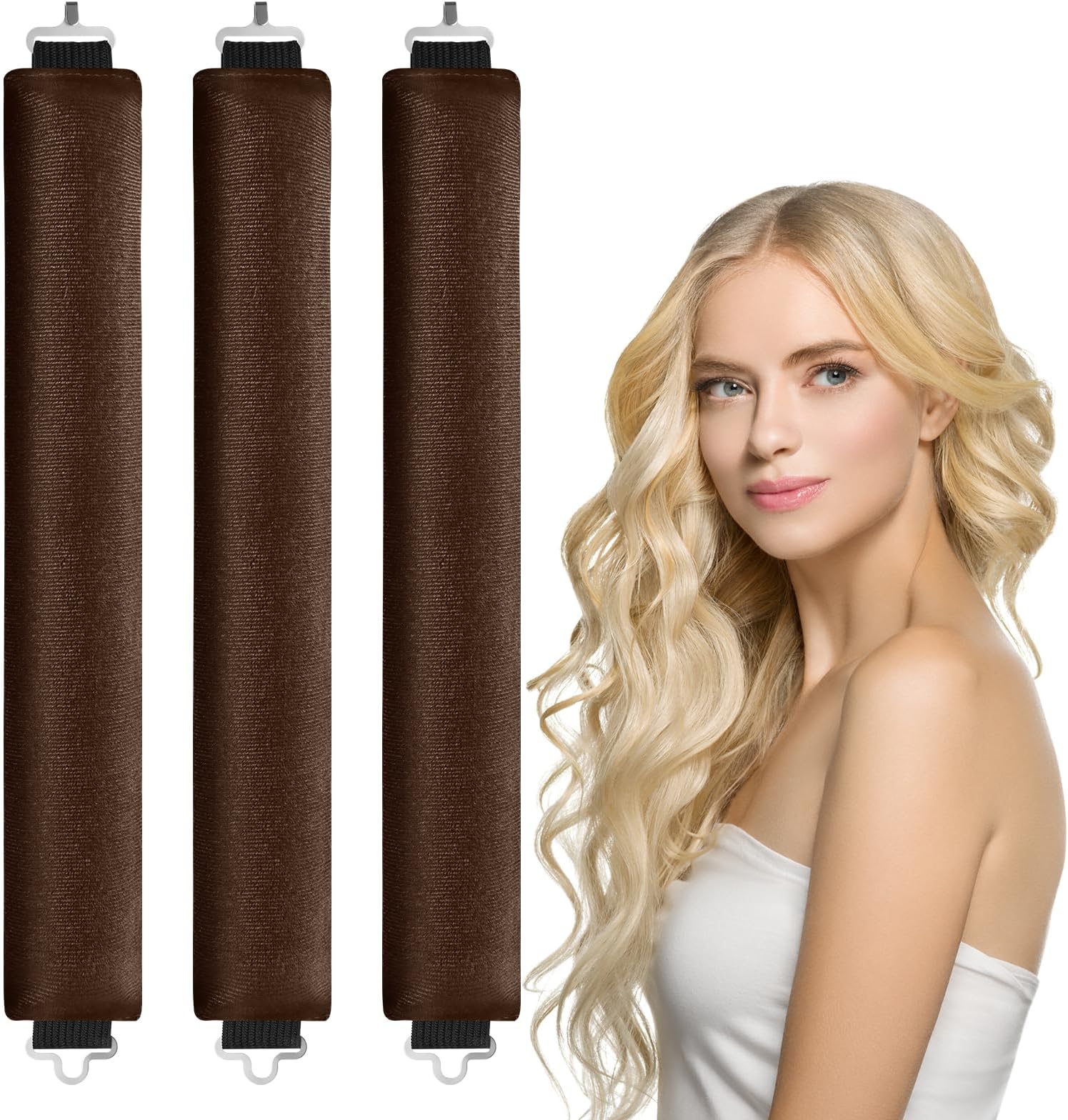 LOPHEHeat-Free Curlers, Pack of 3 Curls Without Heat with Hooks, Heatless Overnight Curls for Long Medium Hair, DIY Heatless Curls Band for Sleeping, Hair Noodle Curling Band Overnight (Brown)