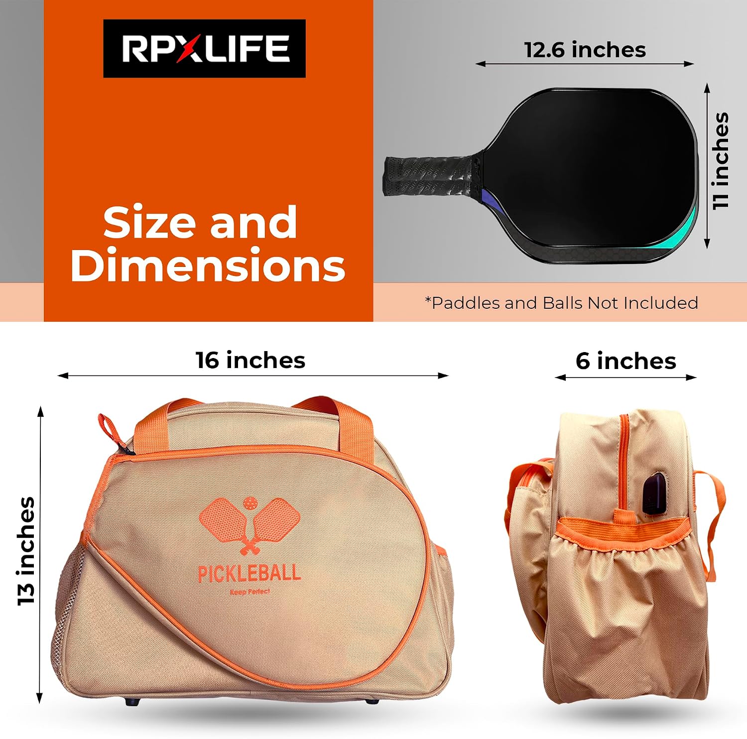 Pickleball bag, Pickleball Bags for Women, Pickleball Bags for Men, Premium Large Capacity Pickle Ball Bag with USB Charging Port, Pickleball Accessories, Pickleball Gifts For Women, Orange & Khaki