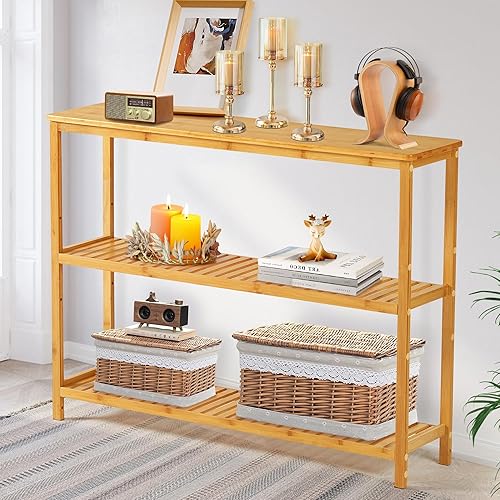 SINWANT Mesas consola para entrada, mesa de entrada de 3 niveles con almacenamiento de zapatos, mesa consola estrecha de bambú para sala de estar,