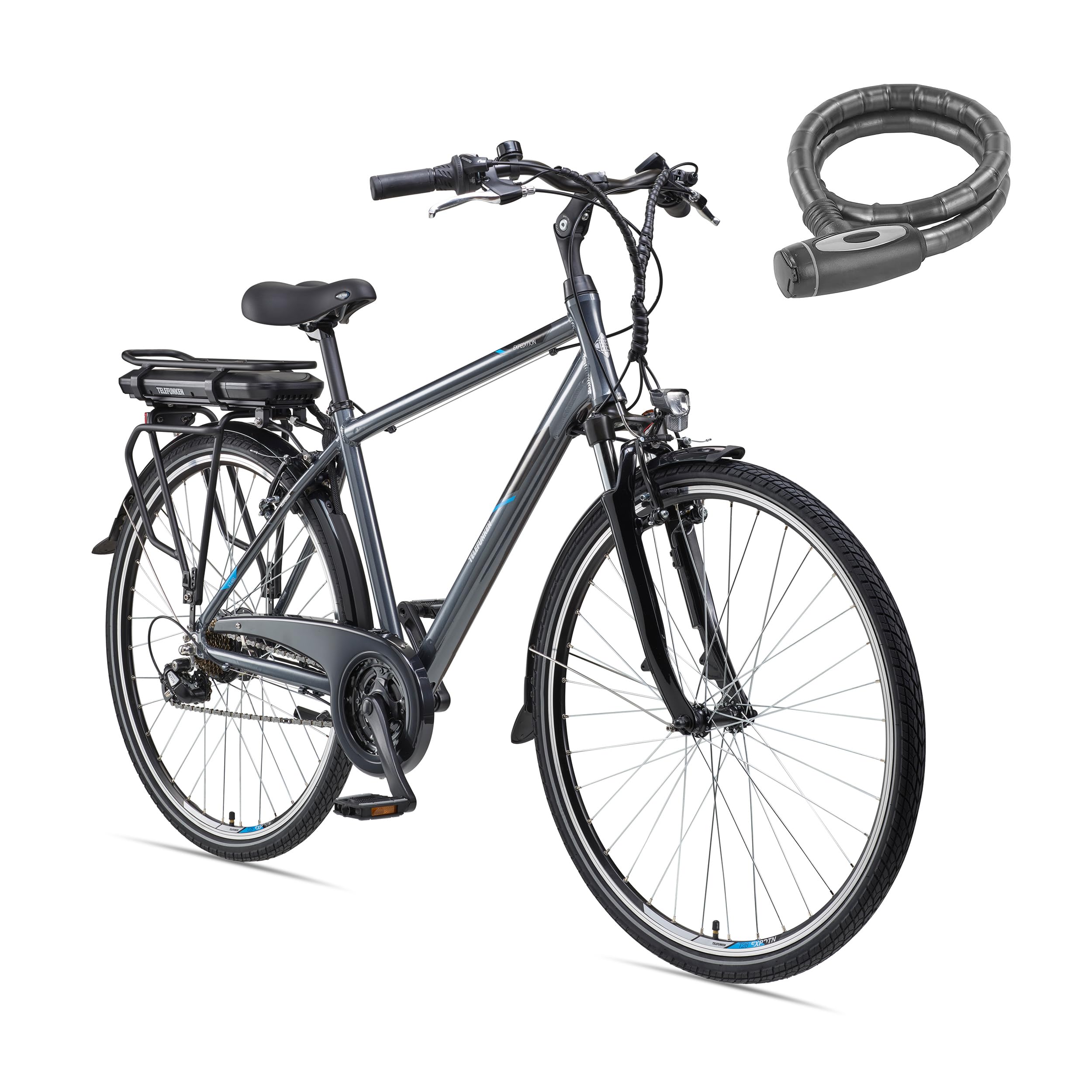 TELEFUNKEN E-Bike Herren Elektrofahrrad Alu 28 Zoll mit 21-Gang Shimano Kettenschaltung, Pedelec Trekkingrad mit Fahrradschloss und Hinterrad-Motor 250W 10,4Ah, 36V Akku, XT481 Expedition