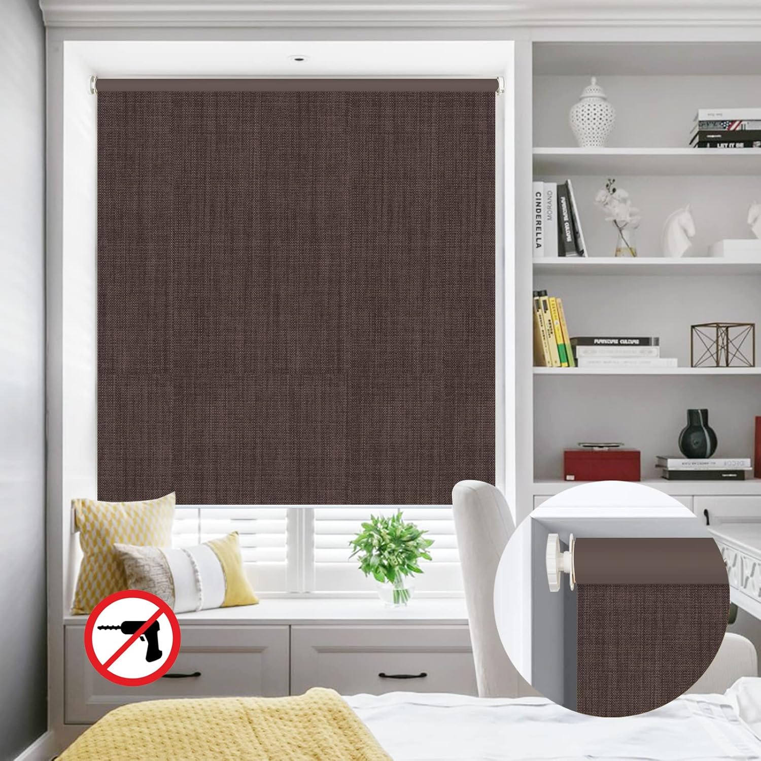 No Drill Inside Mount Blackout Roller Shades Custom No Tools Tension Window Blinds Premium Fabrics UV Protection Easy to Install for Office Living Room, Bedroom, Kitchen, Linen Coffee