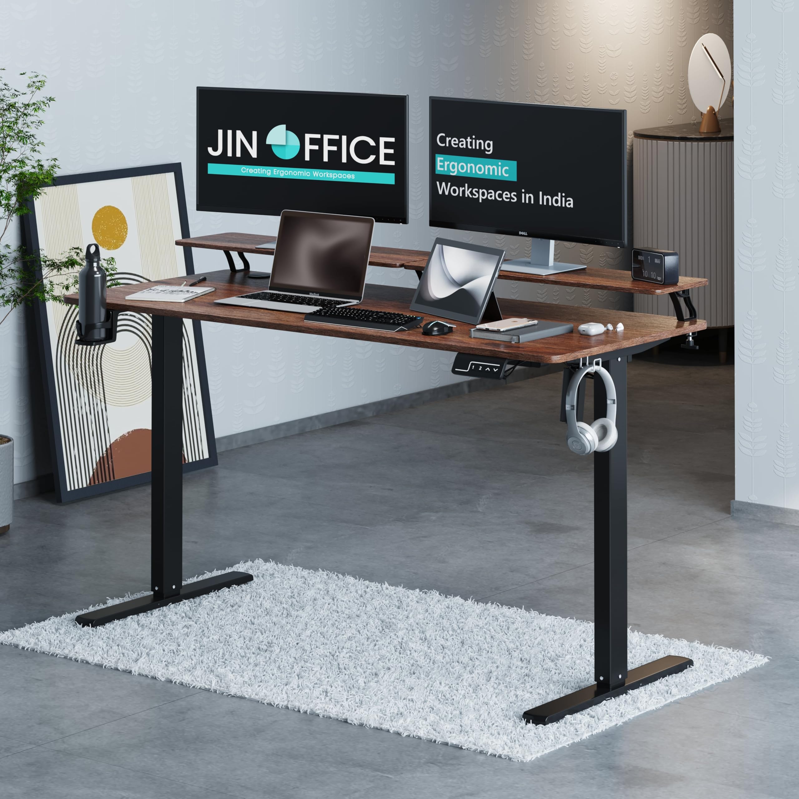 JIN OFFICE Ascend Electric Height Adjustable Desk with Monitor Riser| Standing Desk with Cup Holder | 3 Year Warranty,80 KG Wt. Cap, Memory Presets| Sit Stand Ergonomic Desk 1400 * 600mm Brown Top